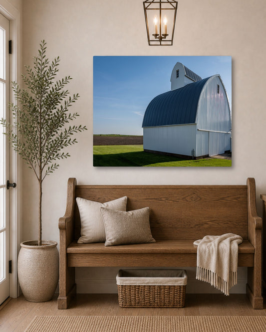 The Quiet Curve of the White Corn Crib – Rural Farm Canvas Wall Art