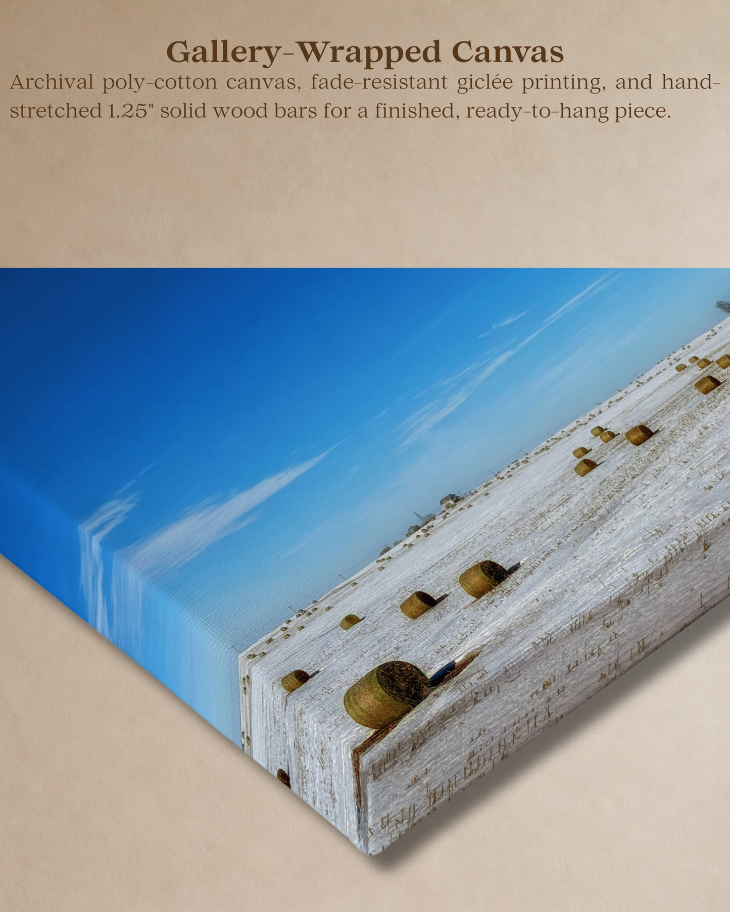 Bales Beneath a Winter Blue – Snowy Iowa Farm Canvas Wall Art