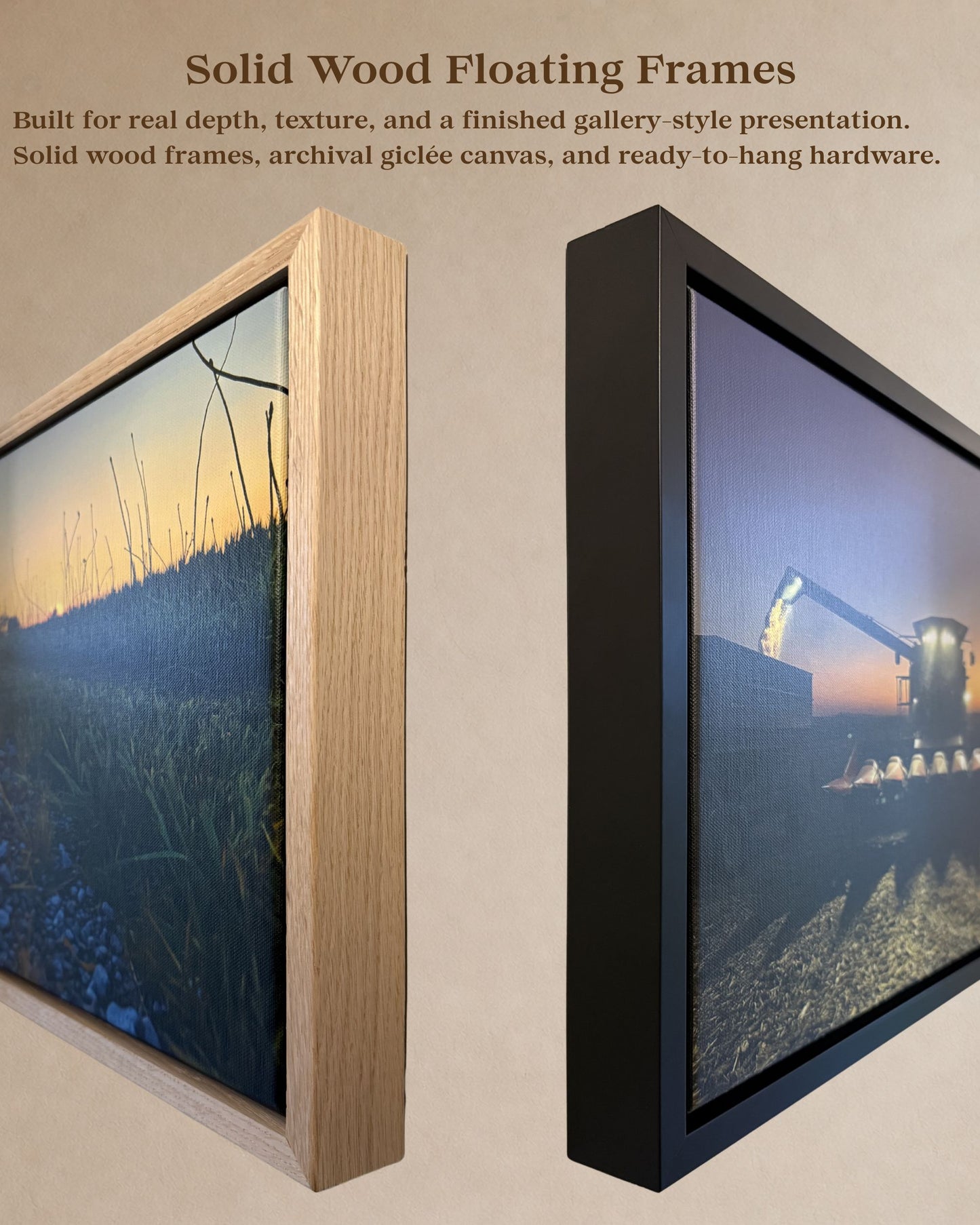 Close-up graphic highlighting solid wood floating frame details in natural oak and black, with canvas texture and gallery-style depth.