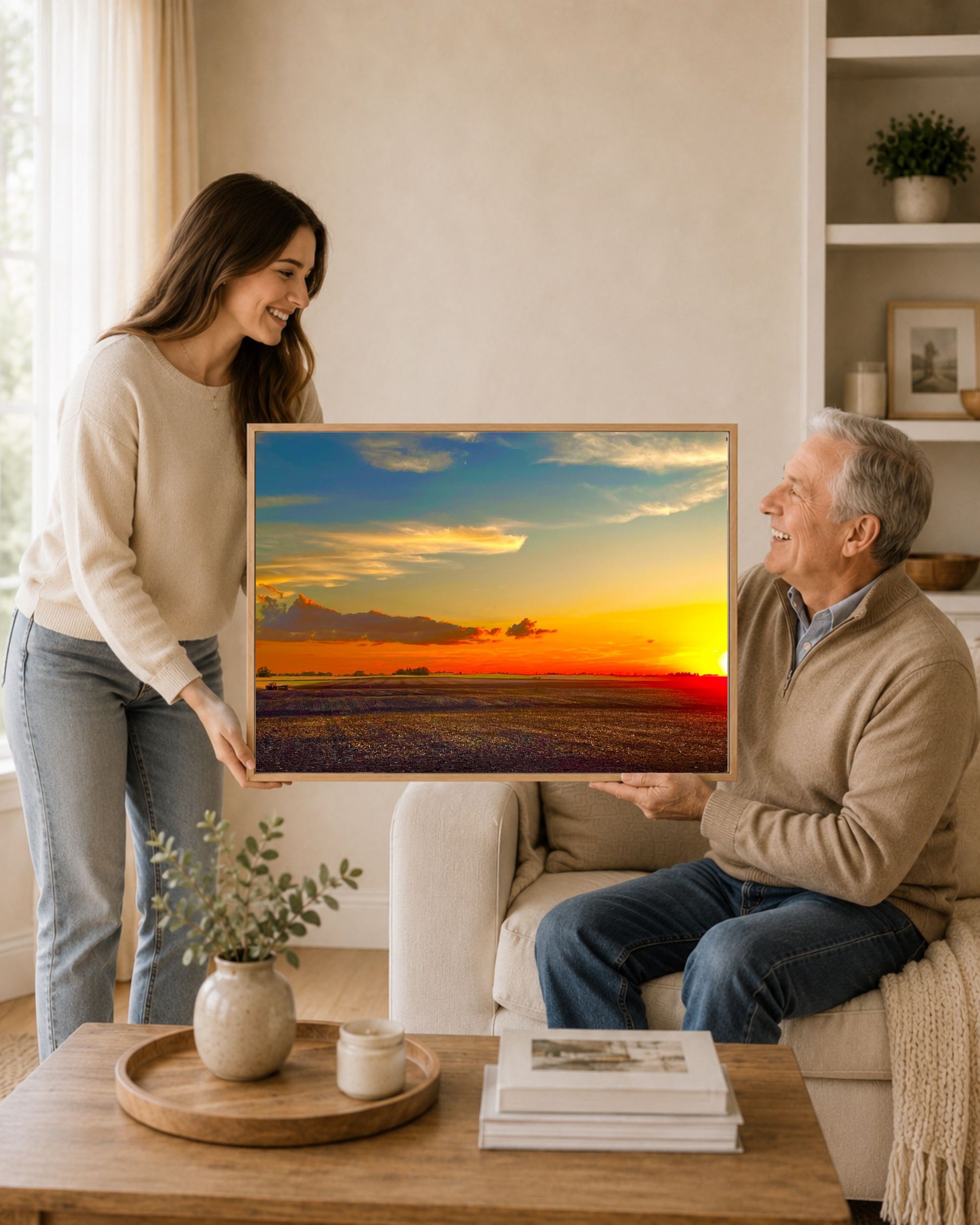 Woman and older man holding a natural oak framed rural sunset field canvas as a meaningful farmhouse wall art gift.