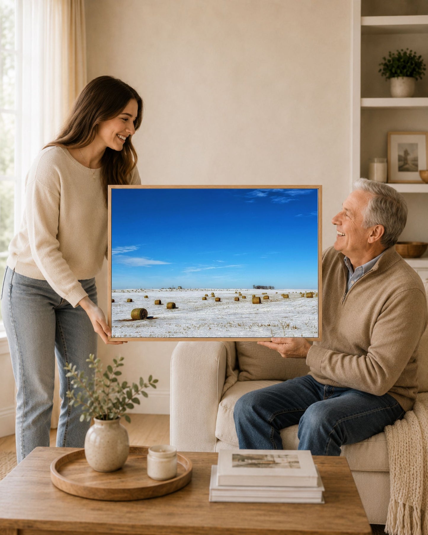 Woman gifting an oak framed snowy hay bale field canvas print to an older man in a warm neutral living room.