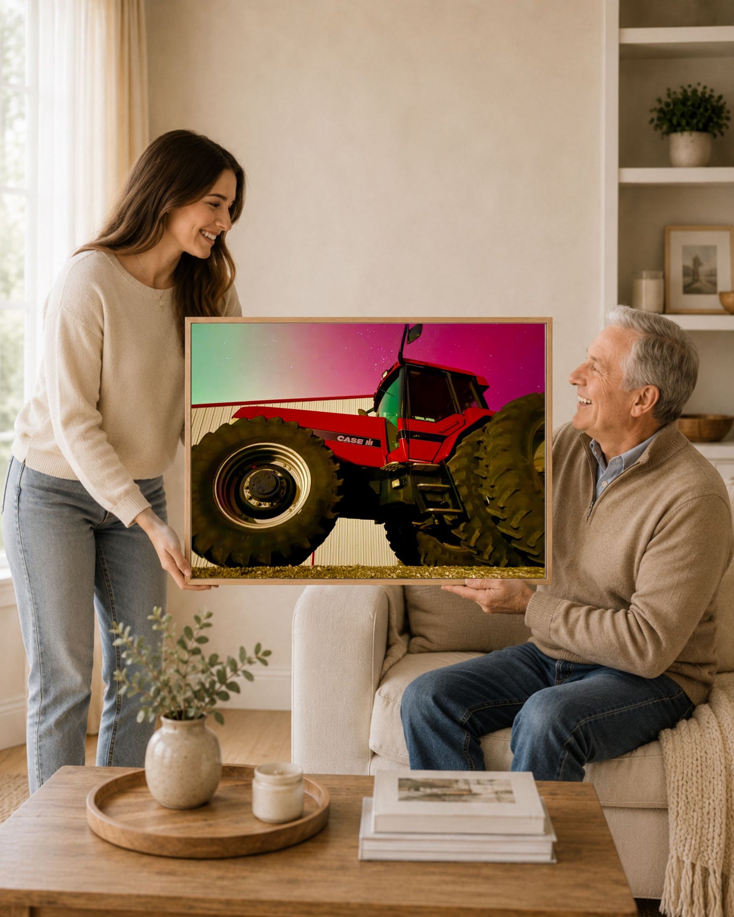 Red Iron Beneath the Northern Lights – Tractor Aurora Canvas Wall Art