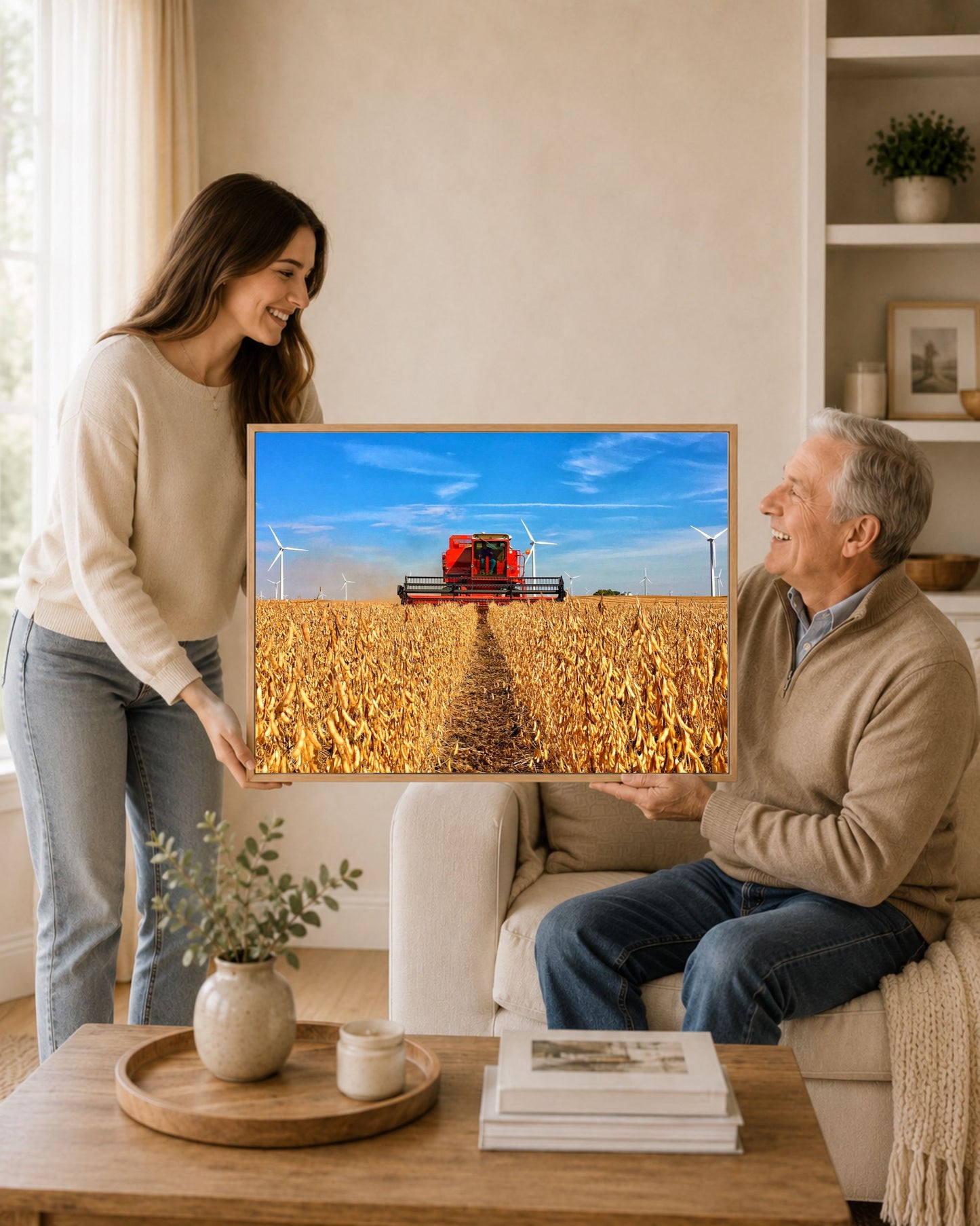 Woman gifting an oak framed soybean harvest canvas print featuring a vintage International combine to an older man in a warm neutral living room.