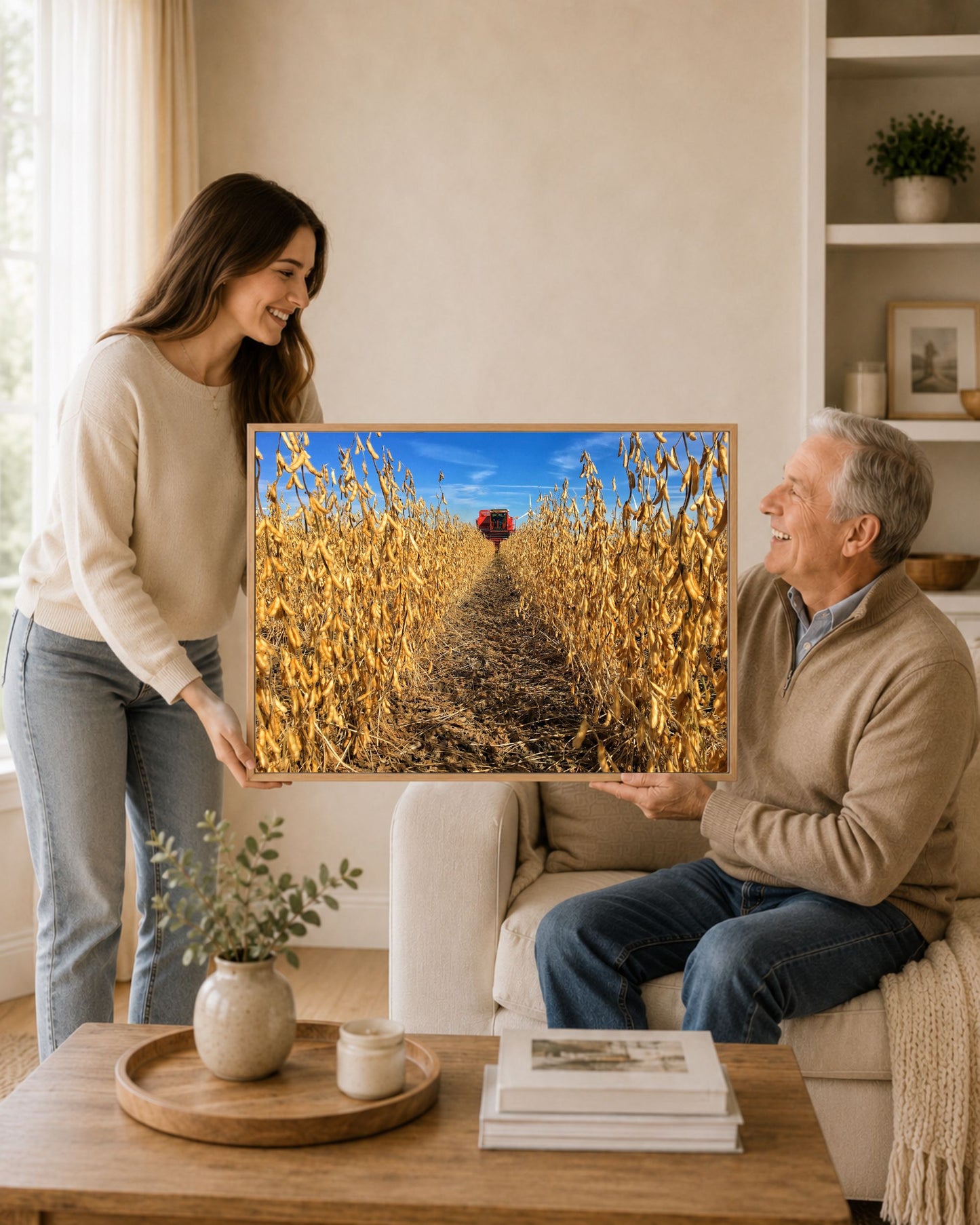 Woman gifting an oak framed soybean harvest canvas print to an older man in a warm neutral living room.
