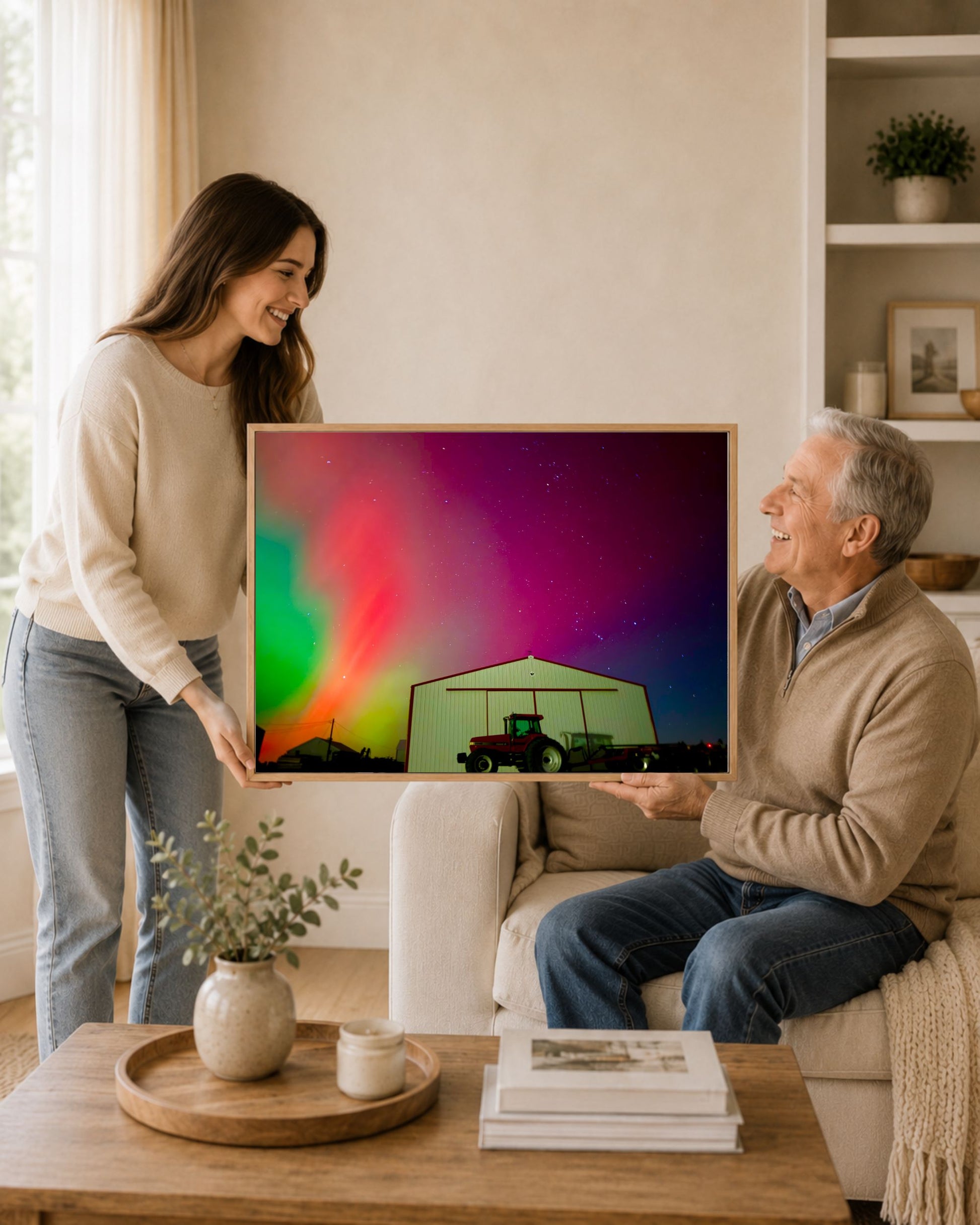 Woman gifting an oak framed northern lights farm canvas print to an older man in a warm neutral living room.