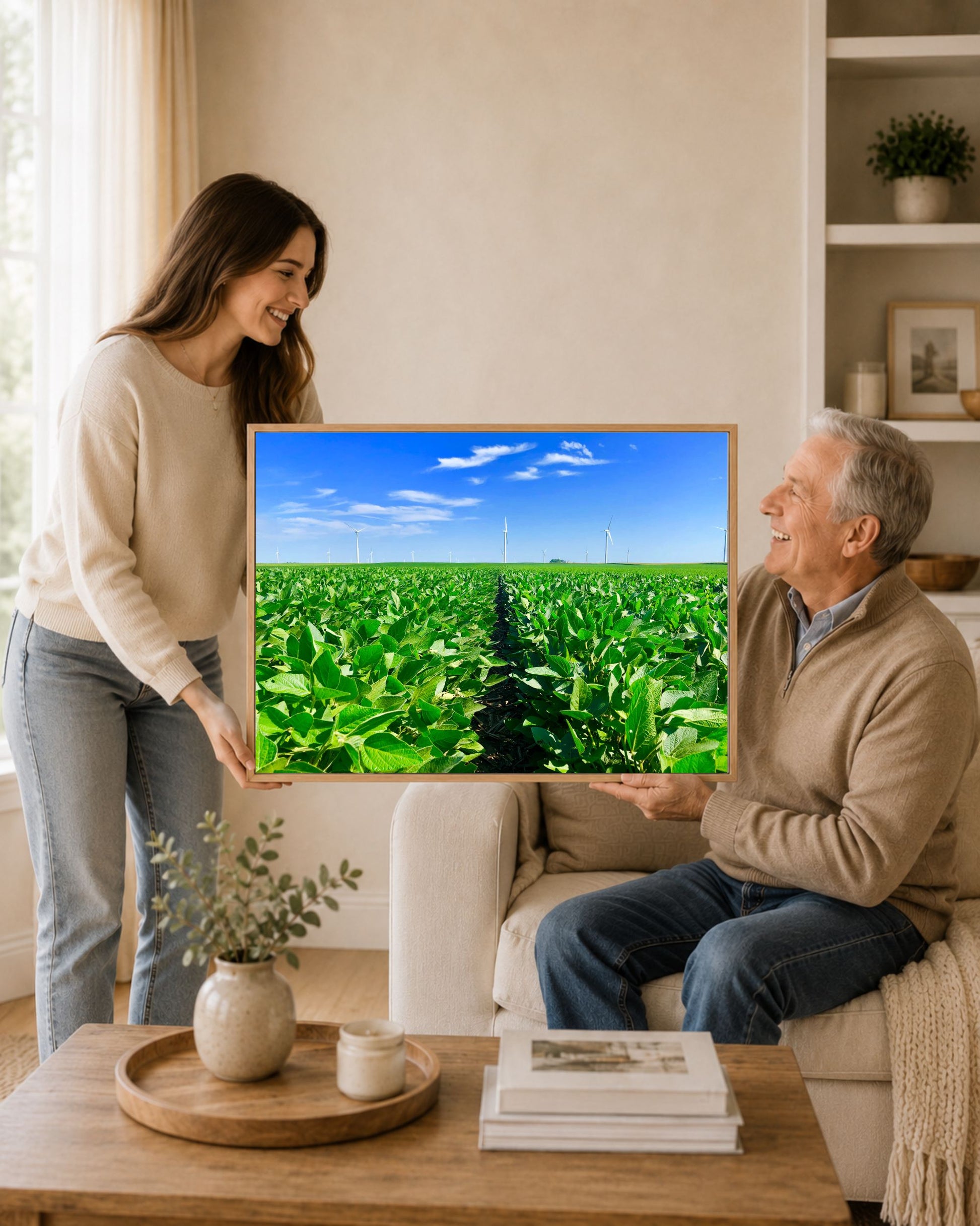 Giftable natural oak framed soybean field canvas wall art held by a smiling woman and older man in a warm farmhouse living room.