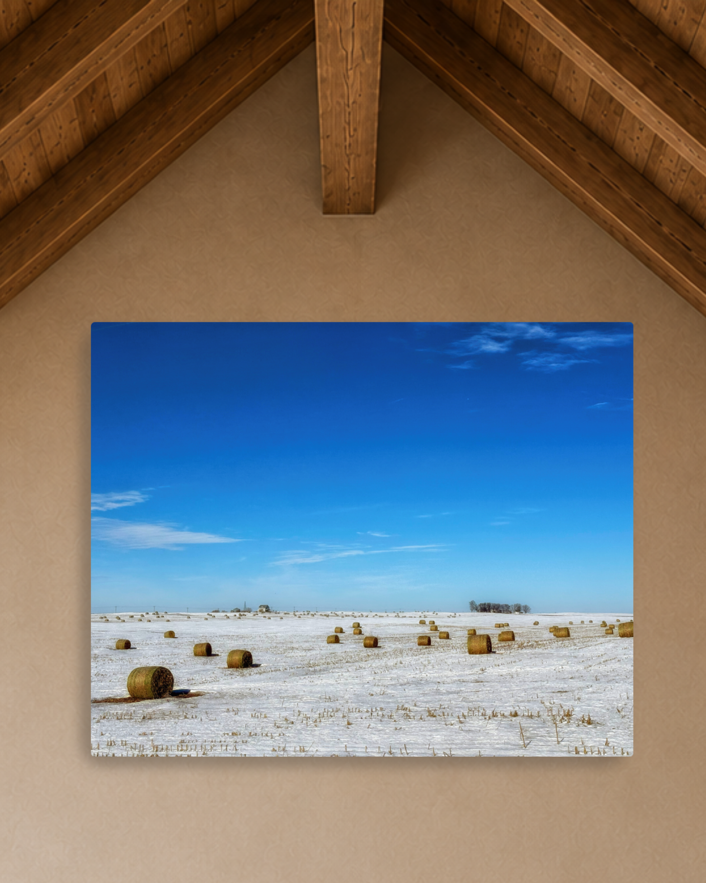 Bales Beneath a Winter Blue  – Snowy Iowa Farm Canvas Wall Art