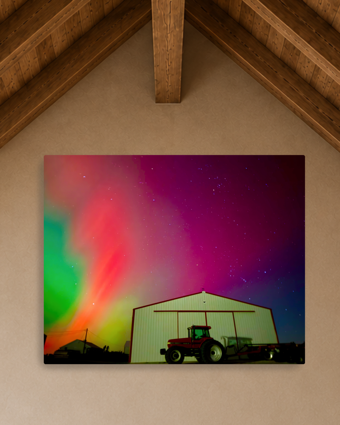 When the Sky Turned Electric – Northern Lights Over the Farm Canvas Wall Art