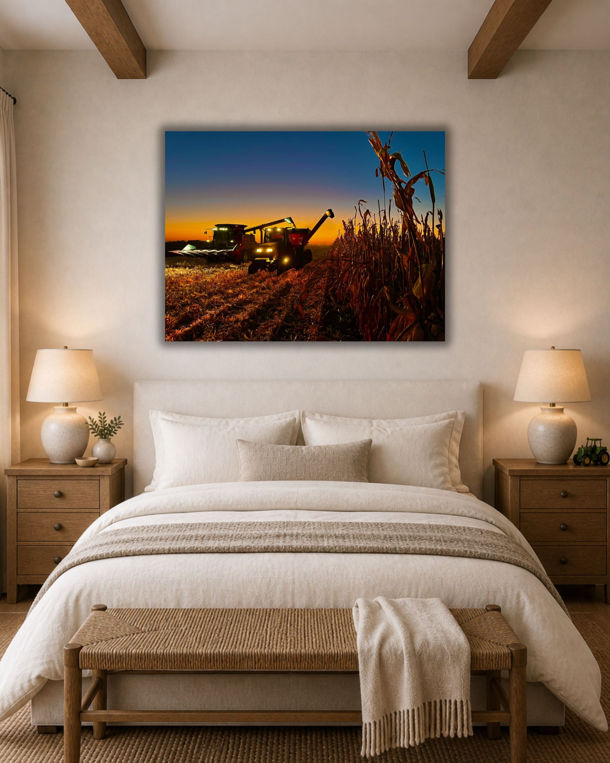 Corn harvest canvas wall art displayed above a bed in a warm neutral farmhouse-style bedroom.