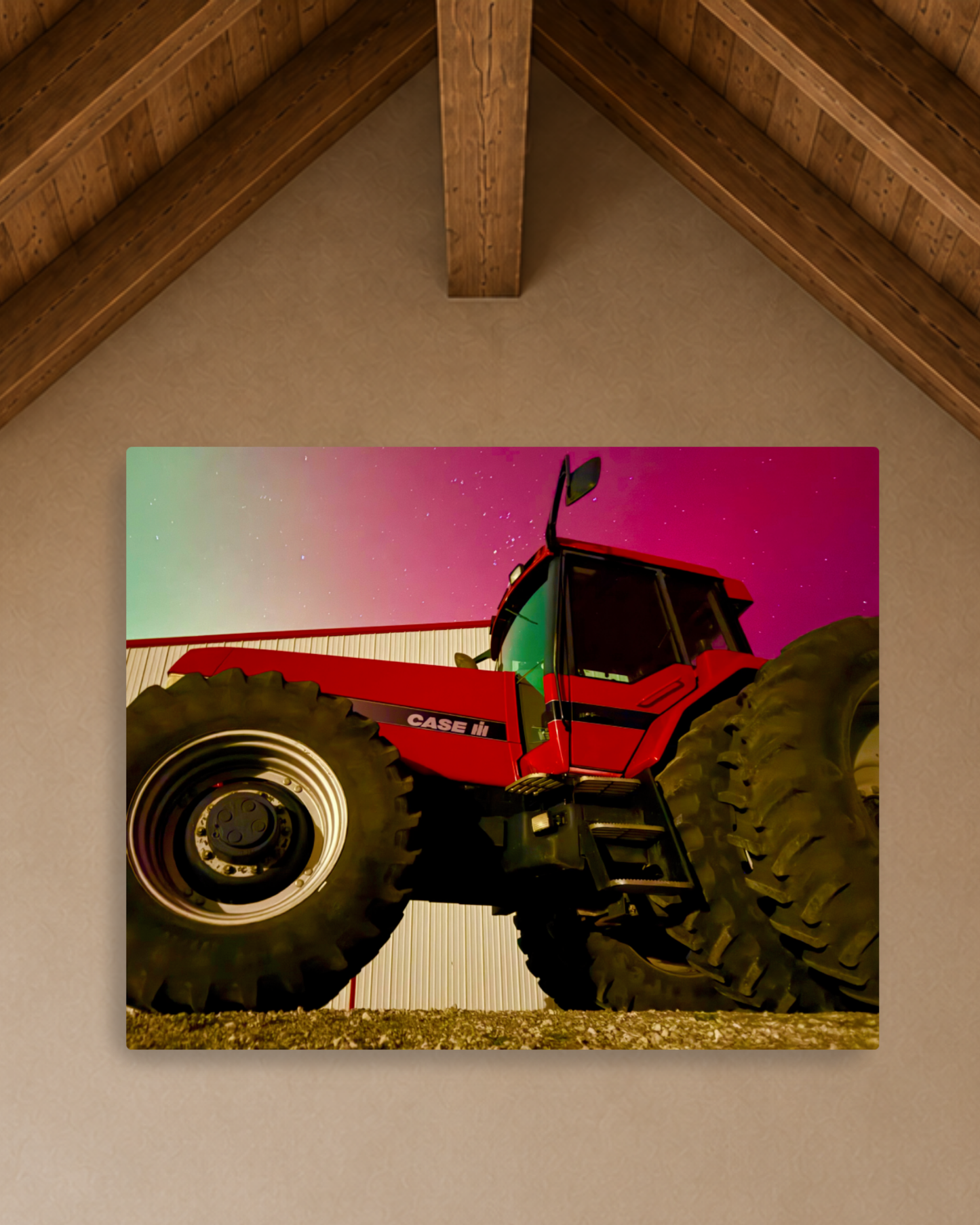 Red Iron Beneath the Northern Lights – Tractor Aurora Canvas Wall Art