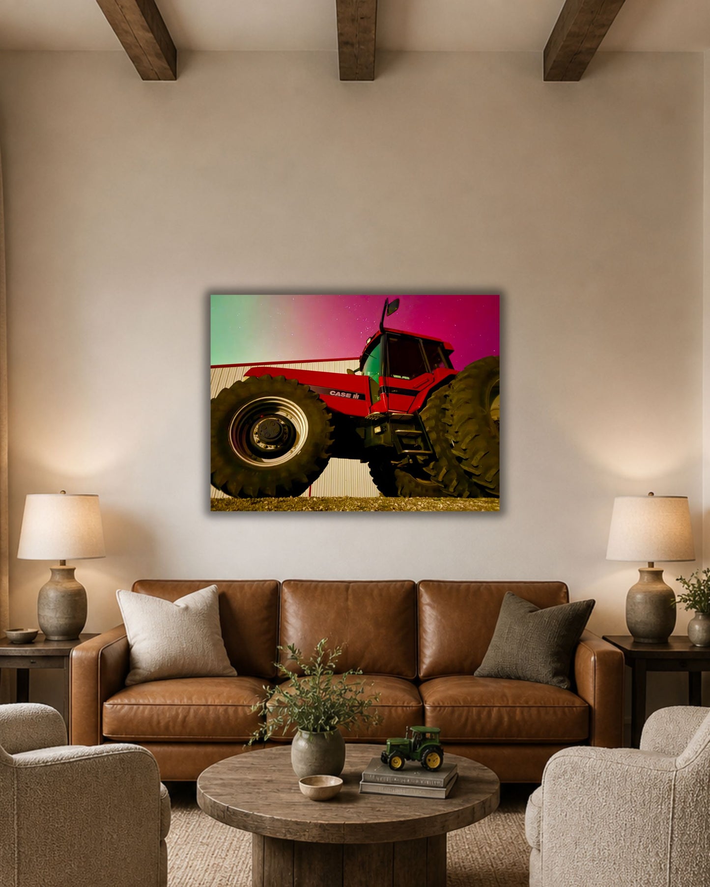 Red Iron Beneath the Northern Lights – Tractor Aurora Canvas Wall Art
