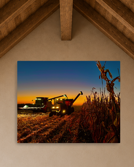 Keeping Pace with the Sunset - Corn Harvest Canvas Wall Art