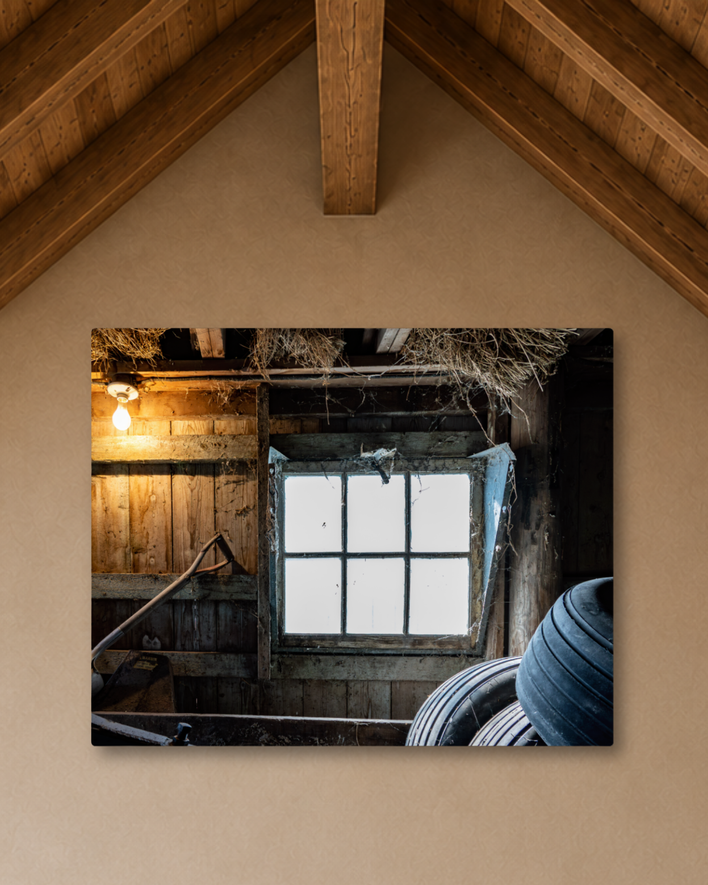 Light Through the Old Barn Window – Rustic Farm Interior Canvas Wall Art