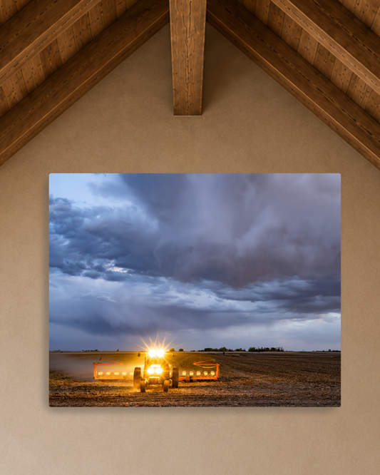 Between the Rows and the Rain - Tractor Planting Storm Canvas Wall Art