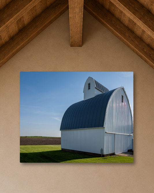 The Quiet Curve of the White Corn Crib – Rural Farm Canvas Wall Art