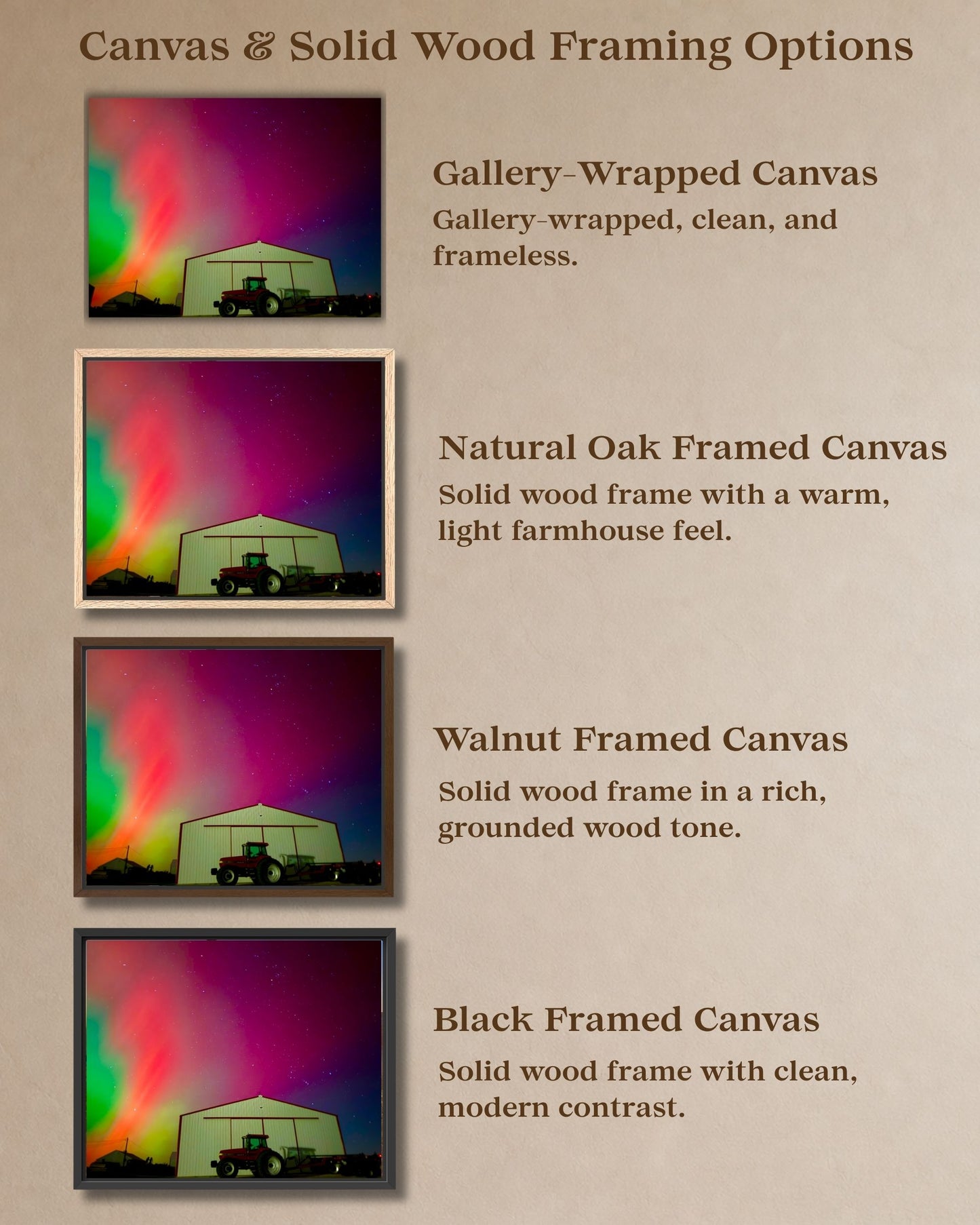 Comparison graphic showing gallery-wrapped canvas and natural oak, walnut, and black solid wood framed canvas options for northern lights farm wall art.
