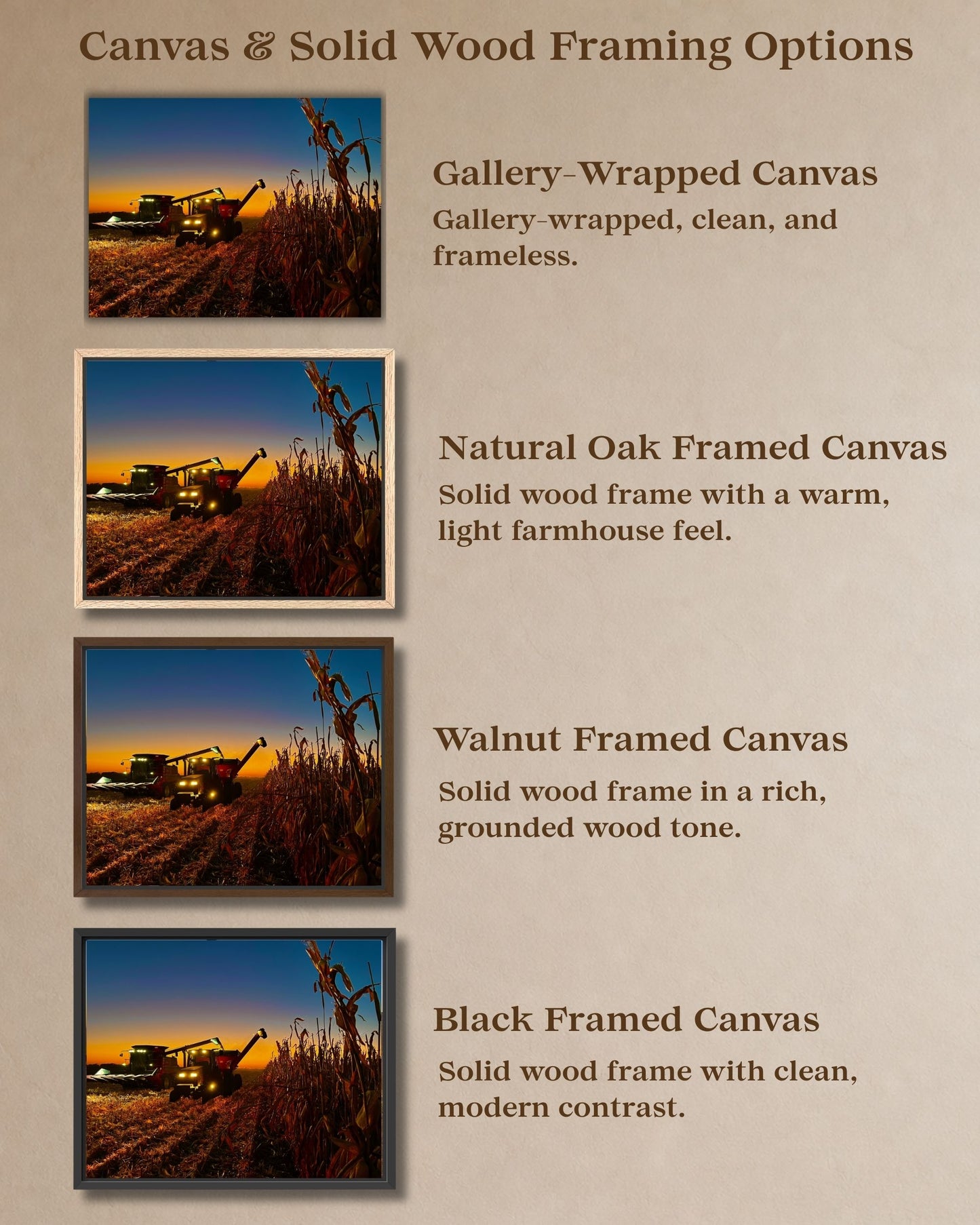 Comparison graphic showing gallery-wrapped canvas and natural oak, walnut, and black solid wood framed canvas options for corn harvest wall art.