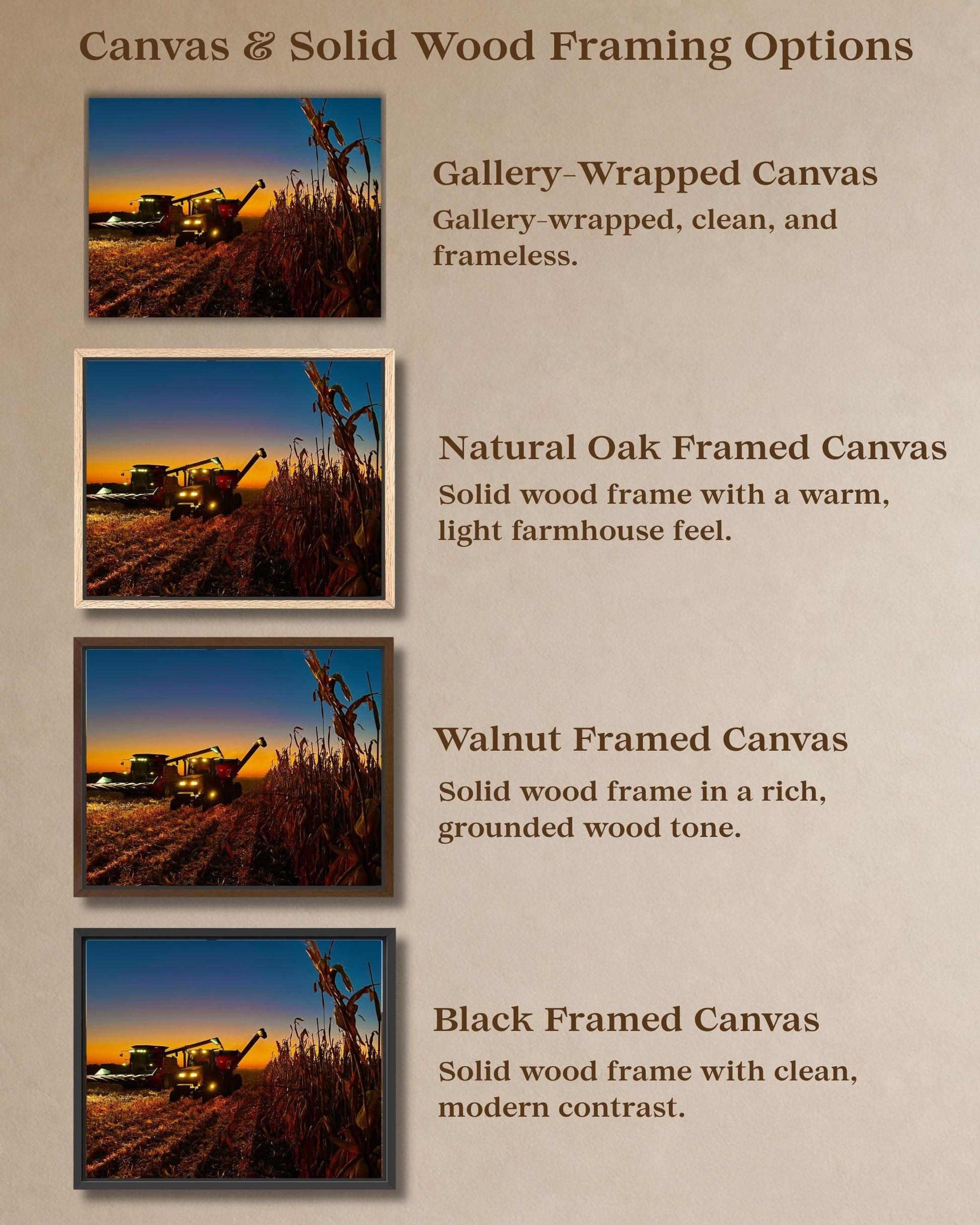 Comparison graphic showing gallery-wrapped canvas and natural oak, walnut, and black solid wood framed canvas options for corn harvest wall art.