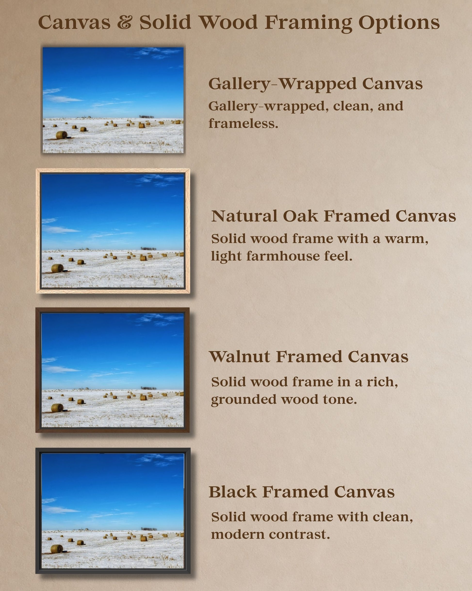 Comparison graphic showing gallery-wrapped canvas and natural oak, walnut, and black solid wood framed canvas options for winter hay bale field wall art.