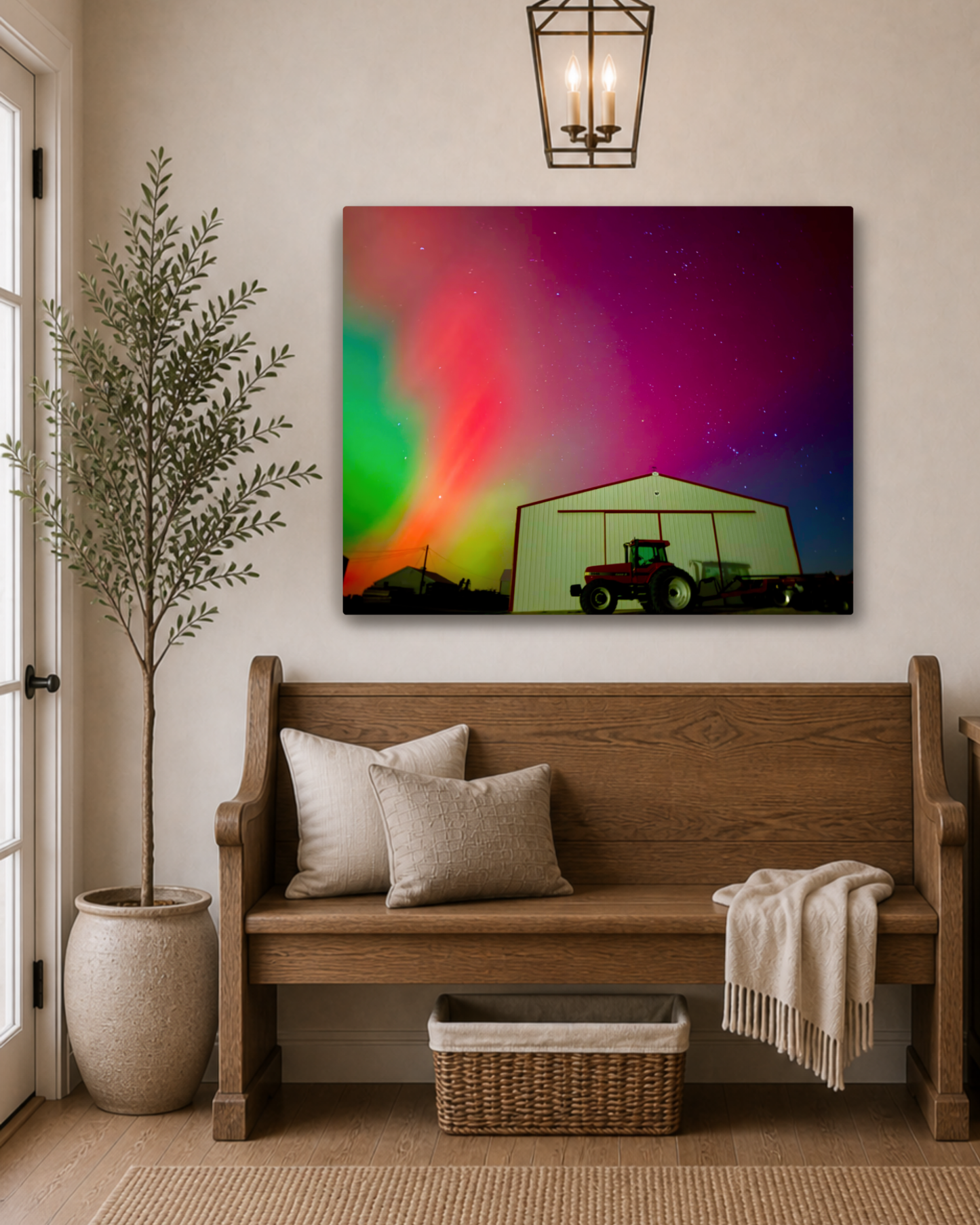 When the Sky Turned Electric – Northern Lights Over the Farm Canvas Wall Art