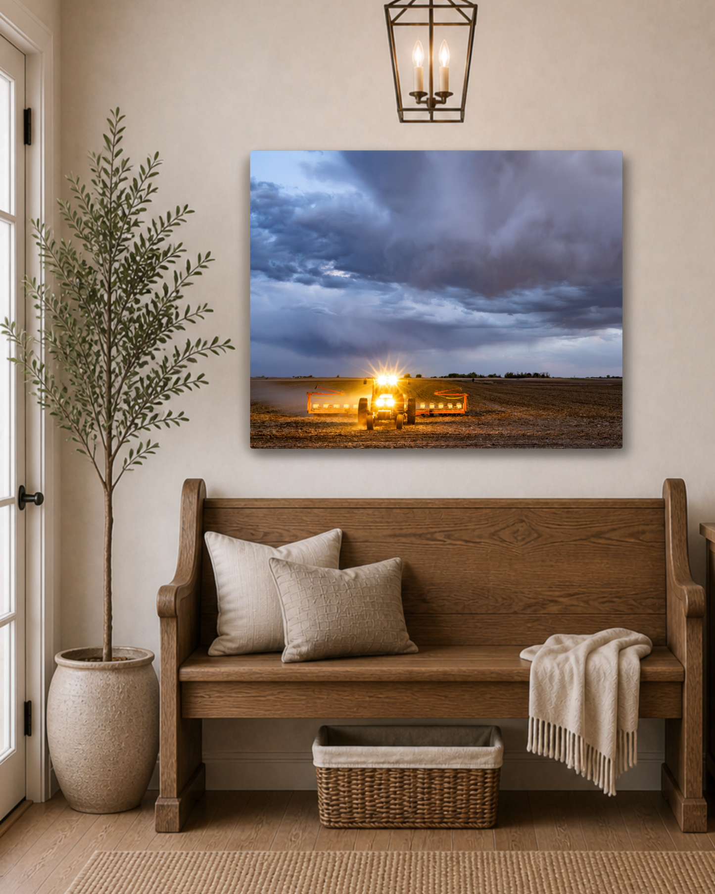 Between the Rows and the Rain - Tractor Planting Storm Canvas Wall Art