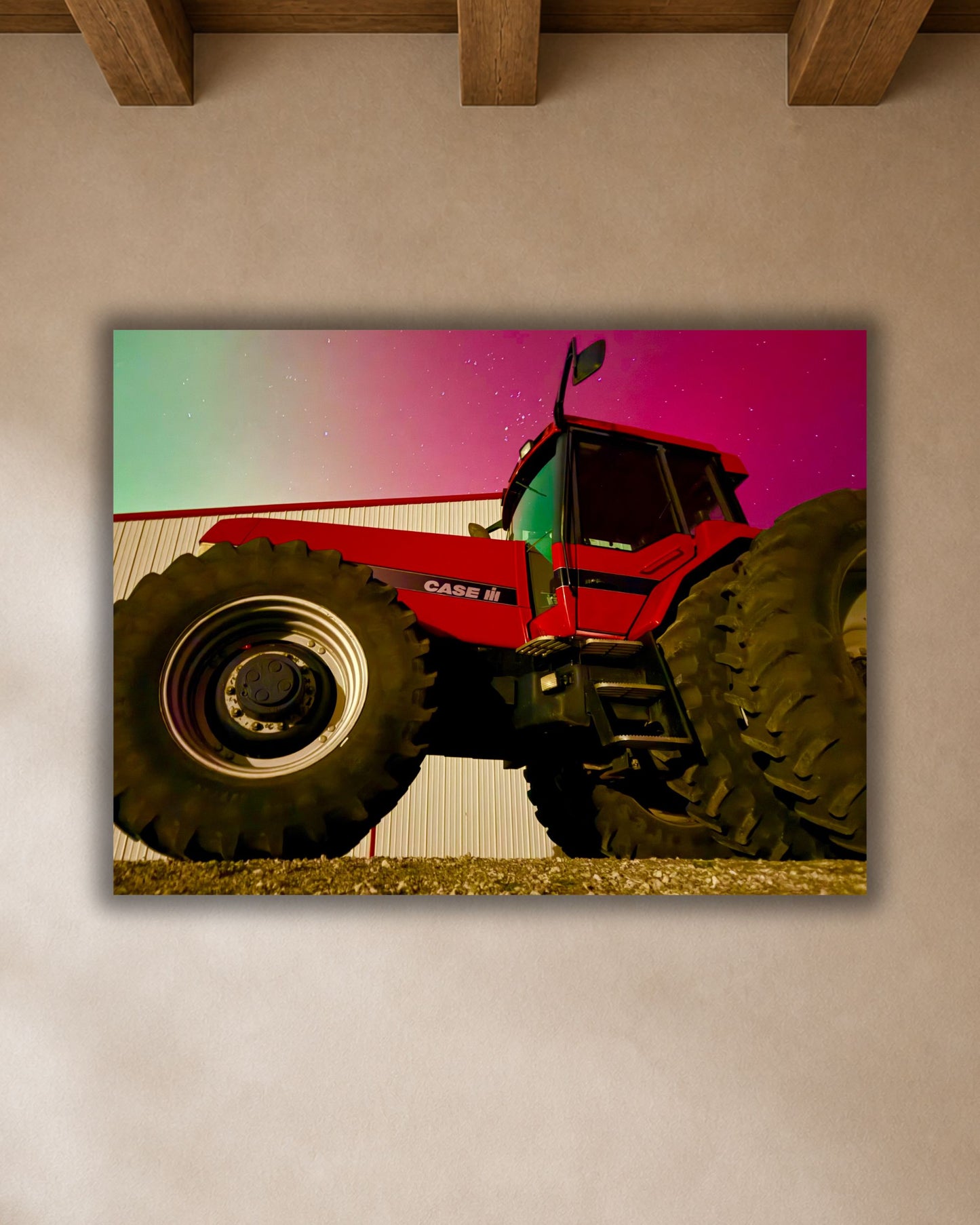 Red Iron Beneath the Northern Lights – Tractor Aurora Canvas Wall Art