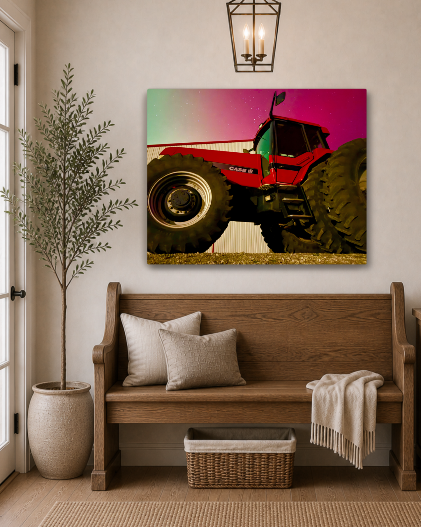 Red Iron Beneath the Northern Lights – Tractor Aurora Canvas Wall Art