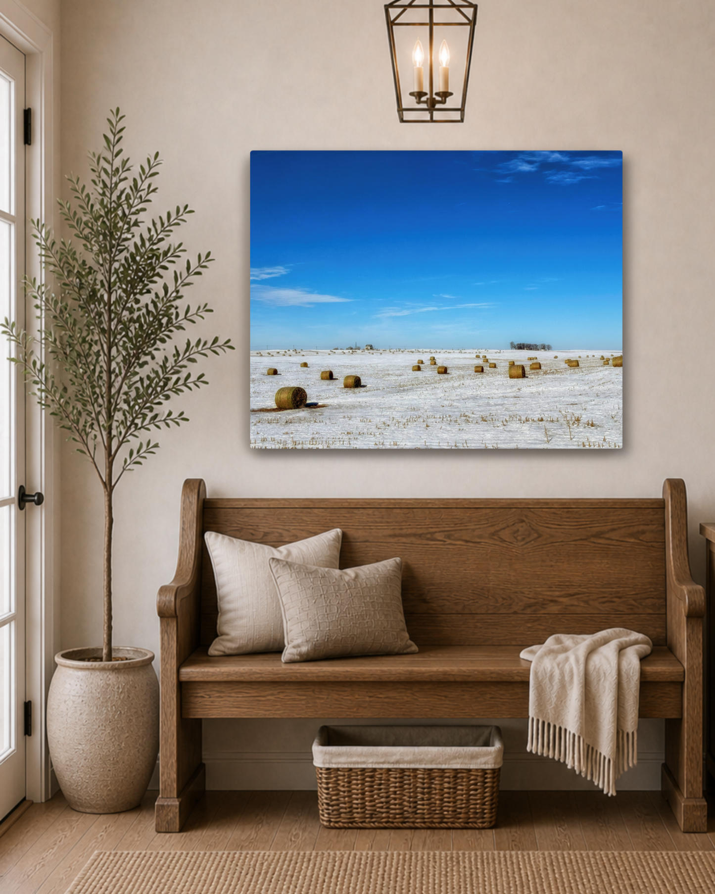 Bales Beneath a Winter Blue  – Snowy Iowa Farm Canvas Wall Art