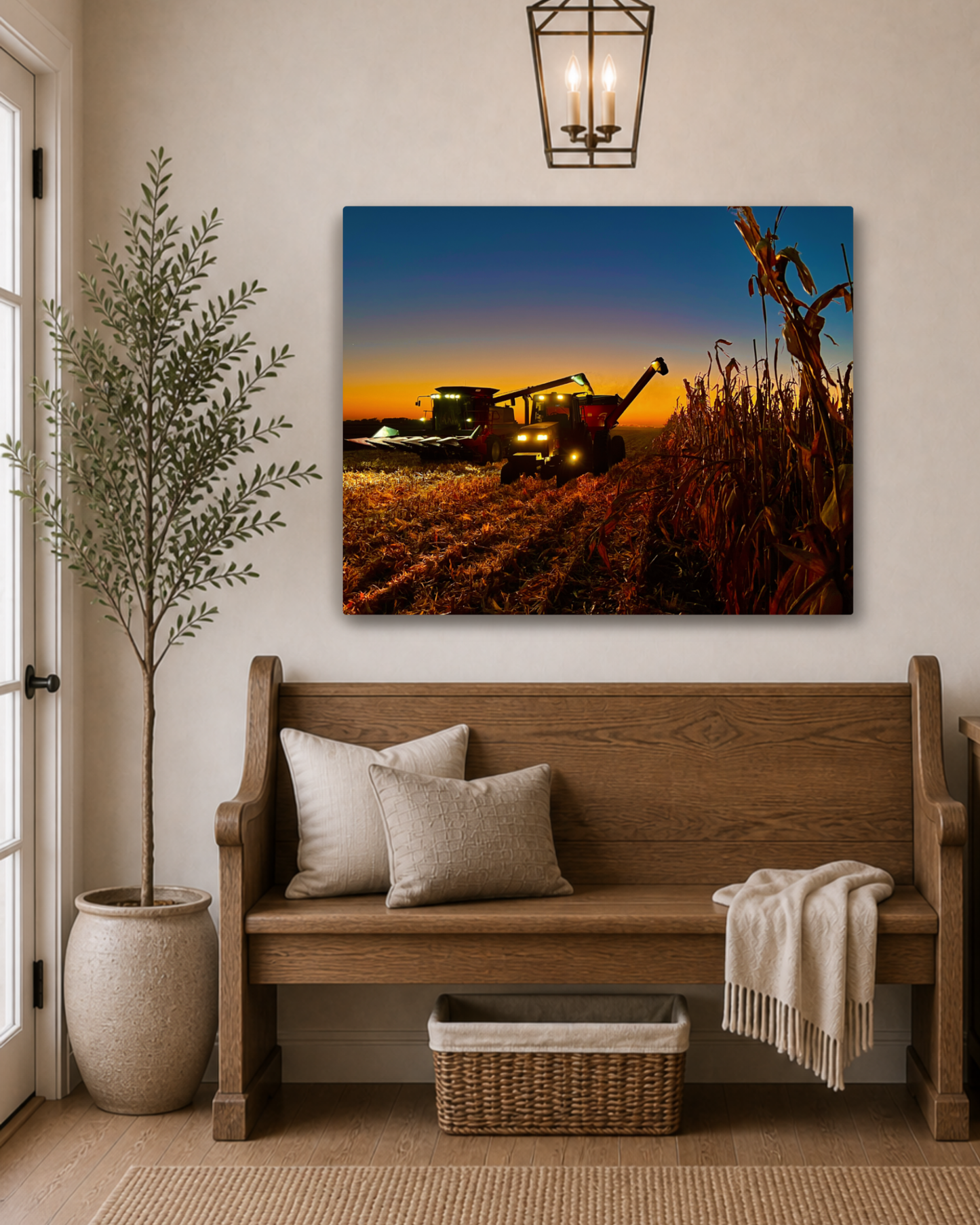 Keeping Pace with the Sunset - Corn Harvest Canvas Wall Art