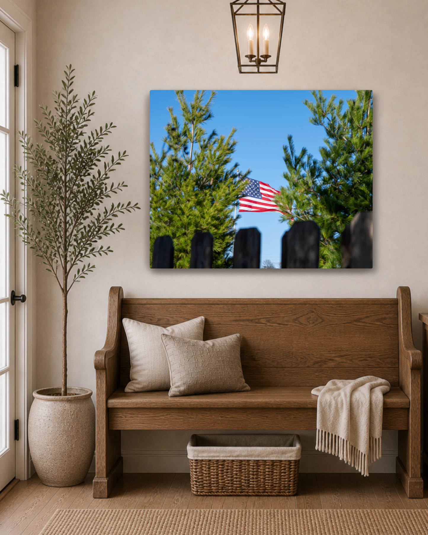 A Familiar Sight - American Flag Rural Landscape Canvas Wall Art