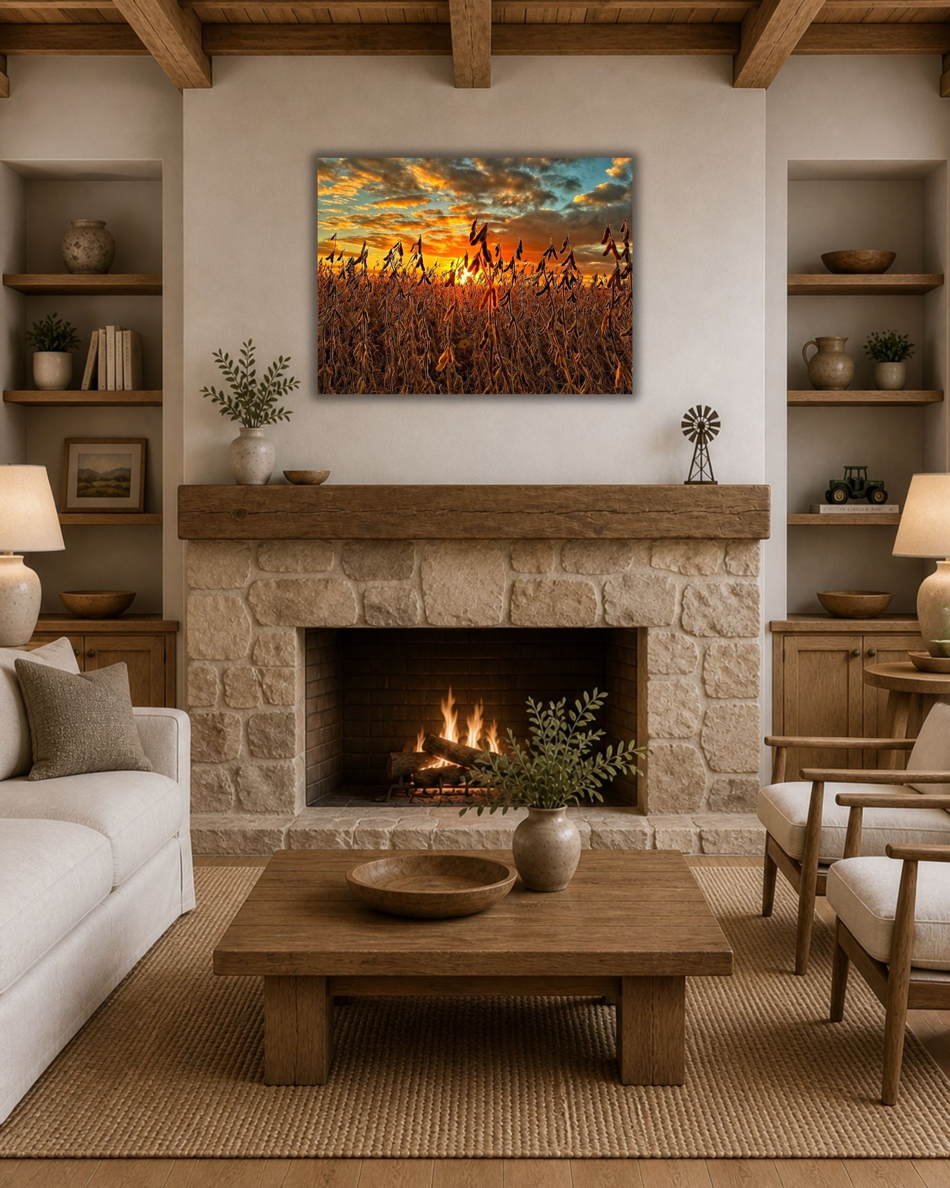 Soybean field sunset canvas wall art displayed above a stone fireplace in a cozy neutral farmhouse living room.