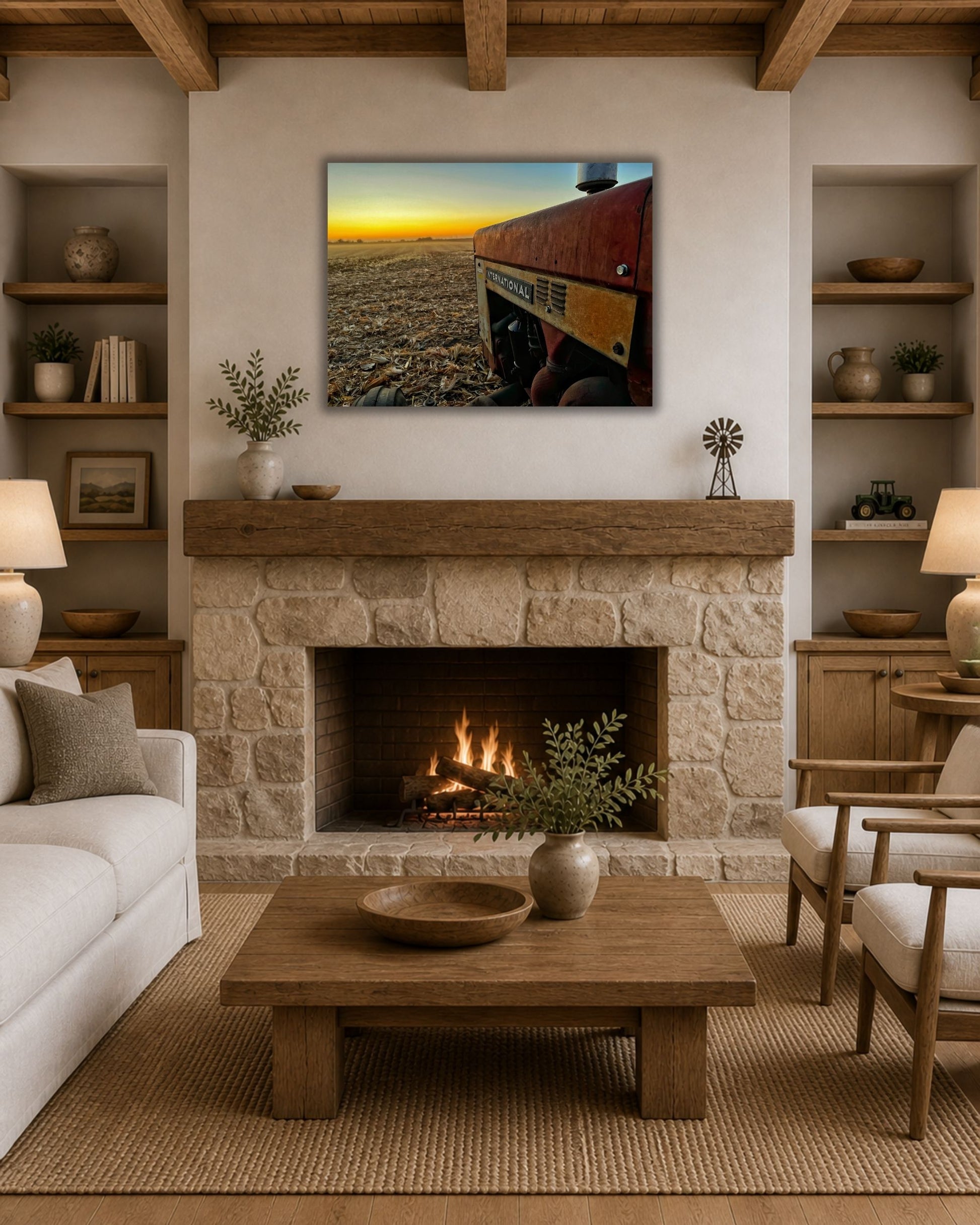 Vintage International tractor sunset farm print shown in a rich walnut solid wood floating frame on a neutral wall.