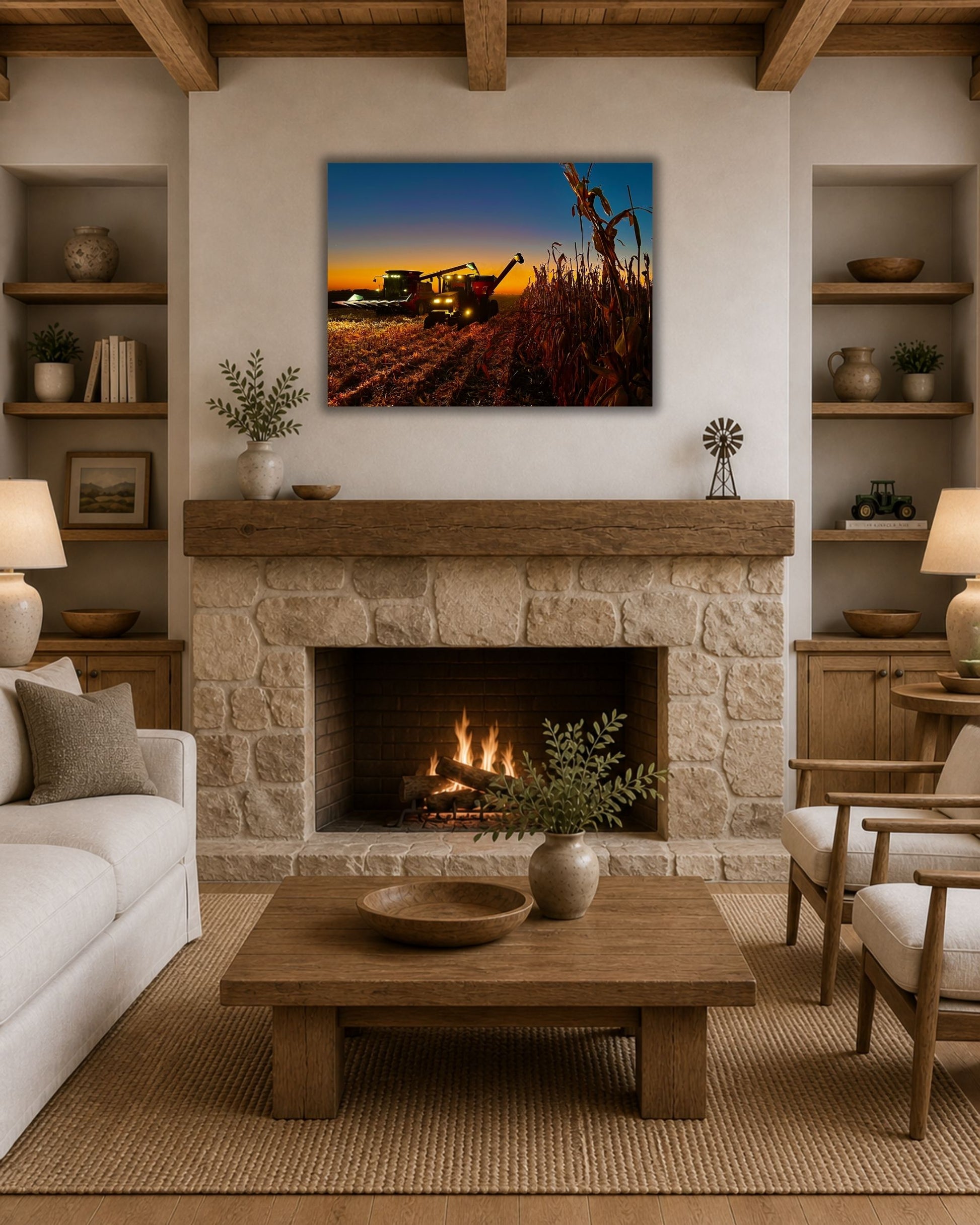 Corn harvest canvas wall art styled above a stone fireplace in a cozy modern farmhouse living room.