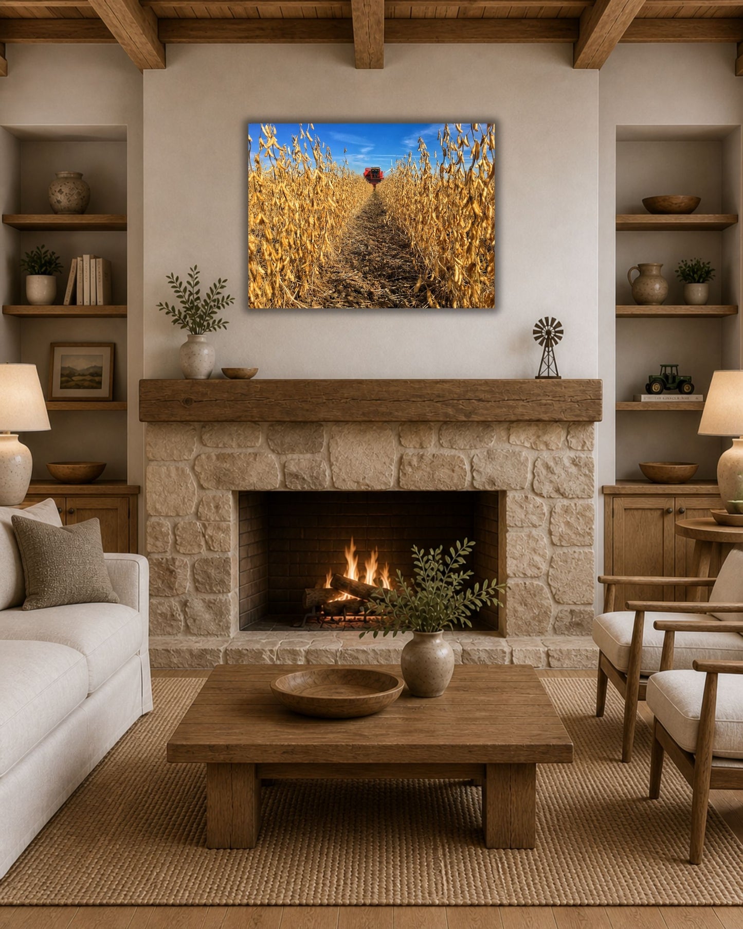 Soybean row harvest canvas wall art styled above a stone fireplace in a cozy neutral farmhouse living room.