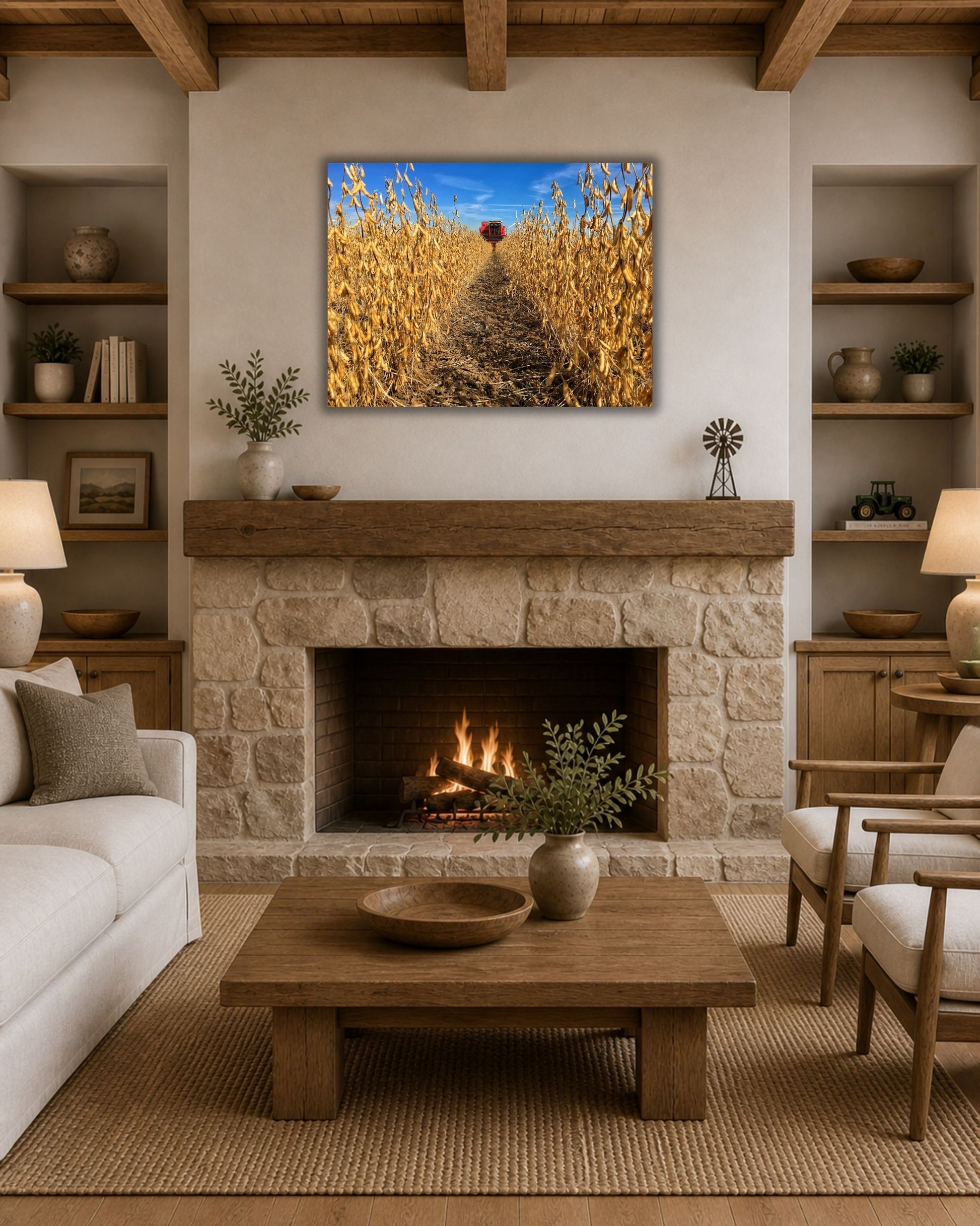 Soybean row harvest canvas wall art styled above a stone fireplace in a cozy neutral farmhouse living room.