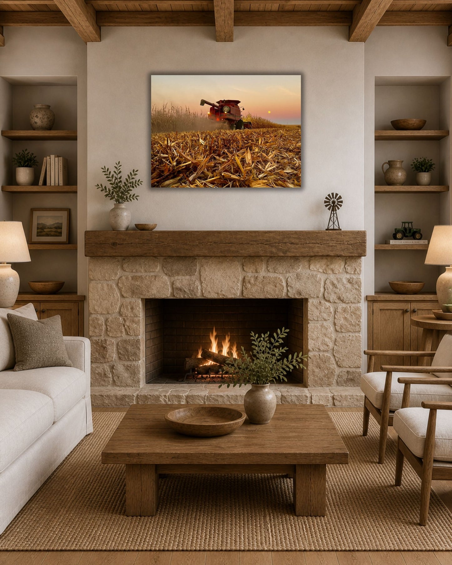 Combine Beneath the Harvest Moon – Corn Harvest Canvas Wall Art