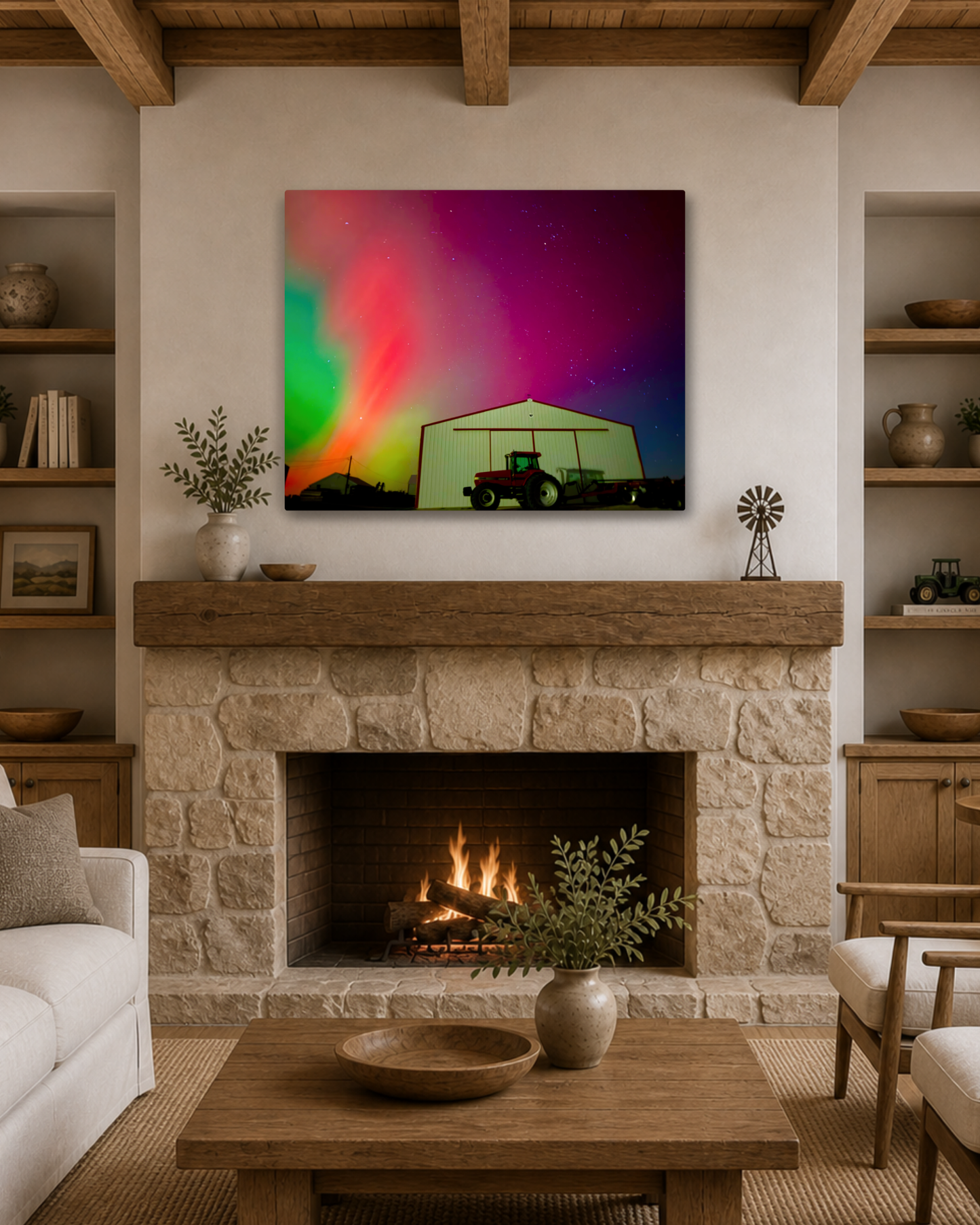 When the Sky Turned Electric – Northern Lights Over the Farm Canvas Wall Art