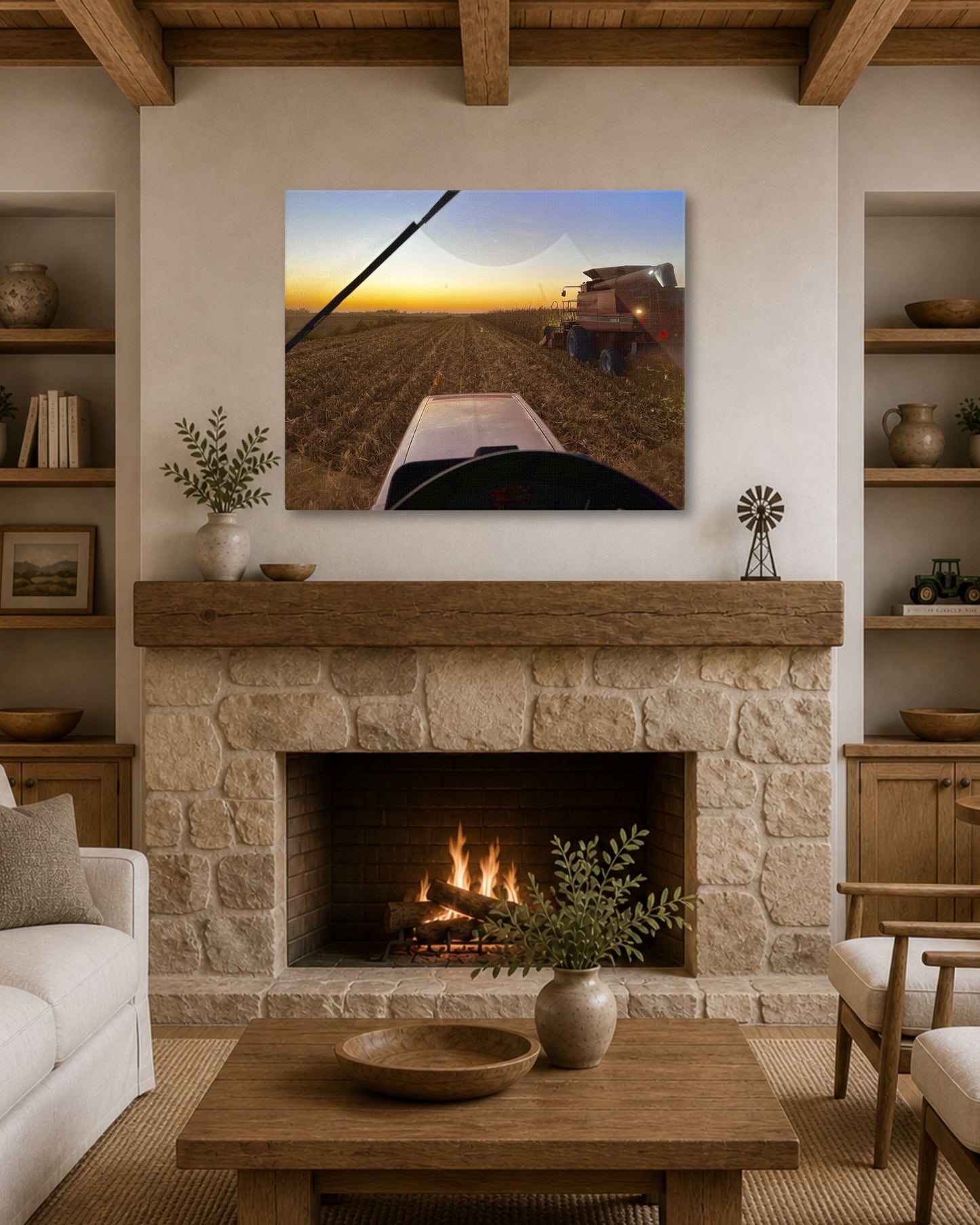 From the Buddy Seat at Harvest – Cornfield Sunset Canvas Wall Art