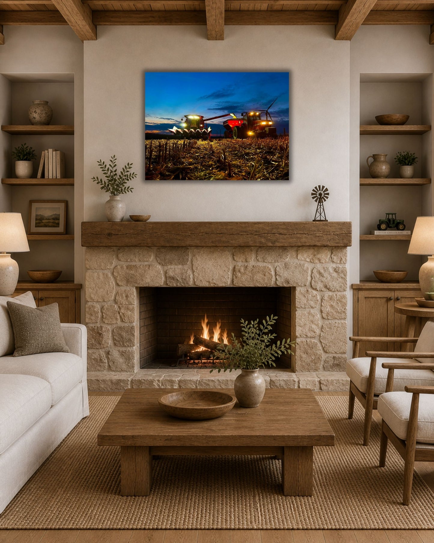 Working Together After Sundown – Corn Harvest Canvas Wall Art