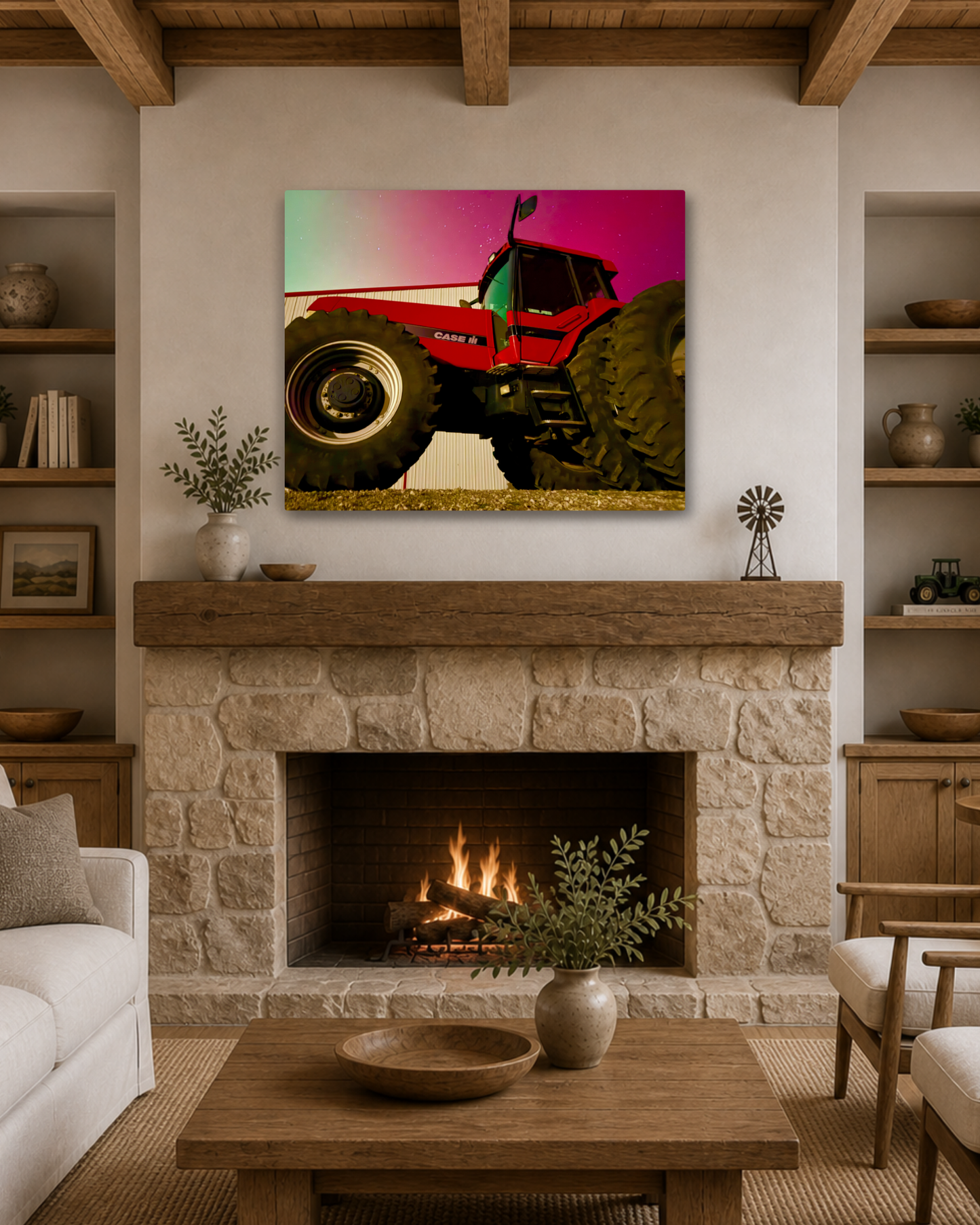 Red Iron Beneath the Northern Lights – Tractor Aurora Canvas Wall Art