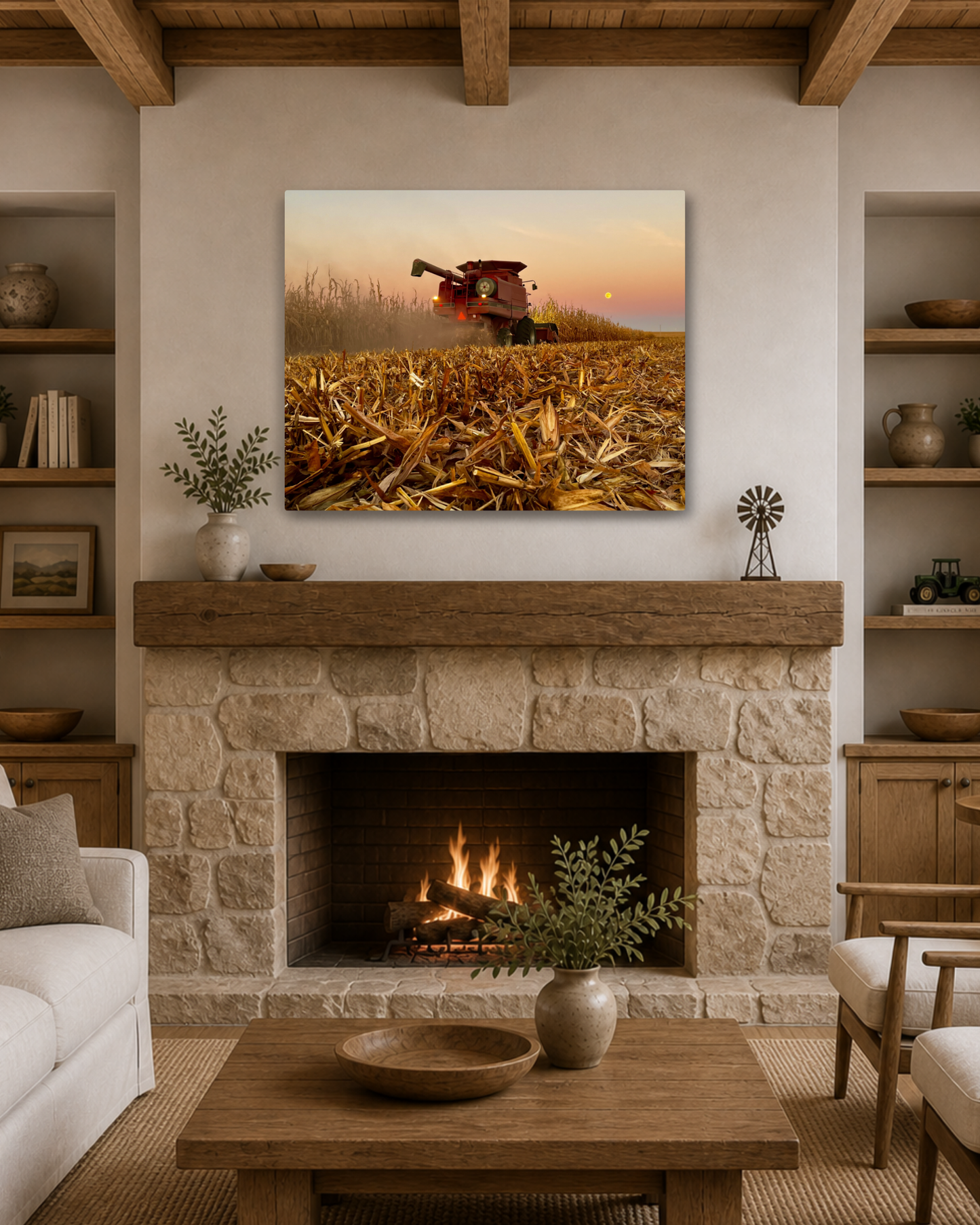 Combine Beneath the Harvest Moon – Corn Harvest Canvas Wall Art