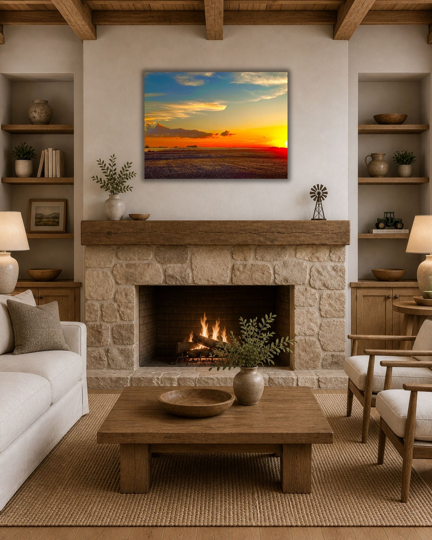 Open farmland at sunset displayed in a walnut framed canvas with rich wood tones on a neutral wall.