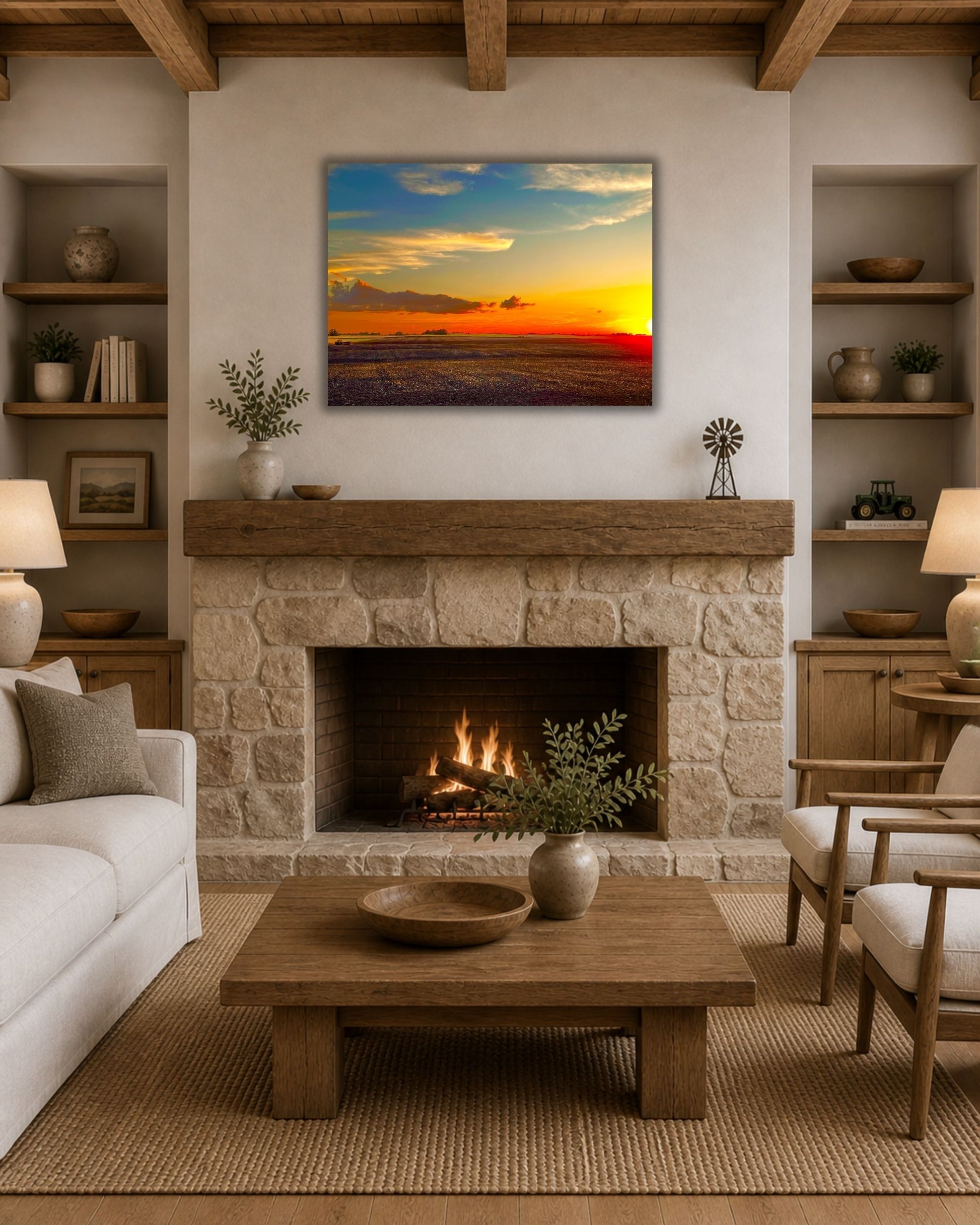 Open farmland at sunset displayed in a walnut framed canvas with rich wood tones on a neutral wall.