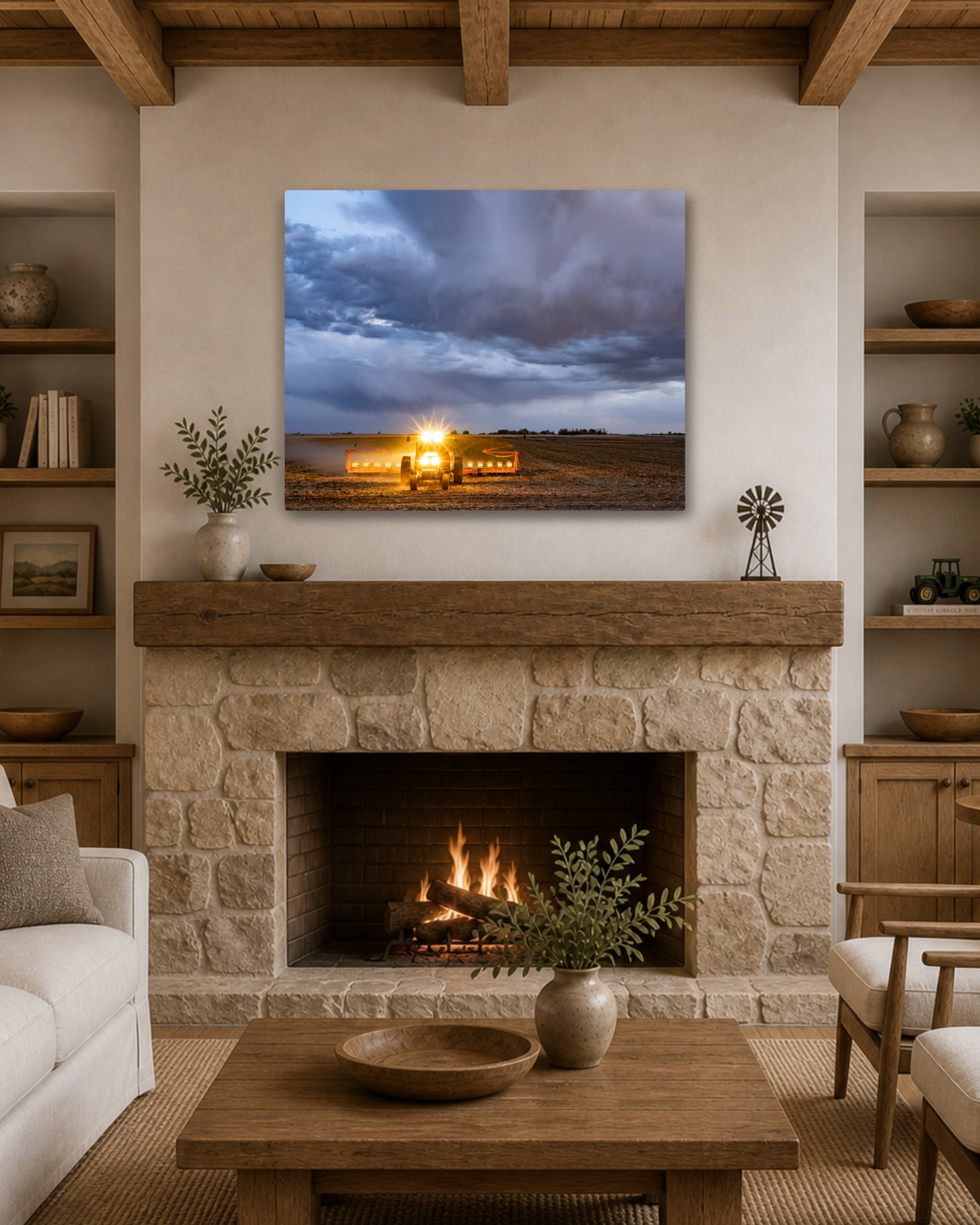 Between the Rows and the Rain - Tractor Planting Storm Canvas Wall Art
