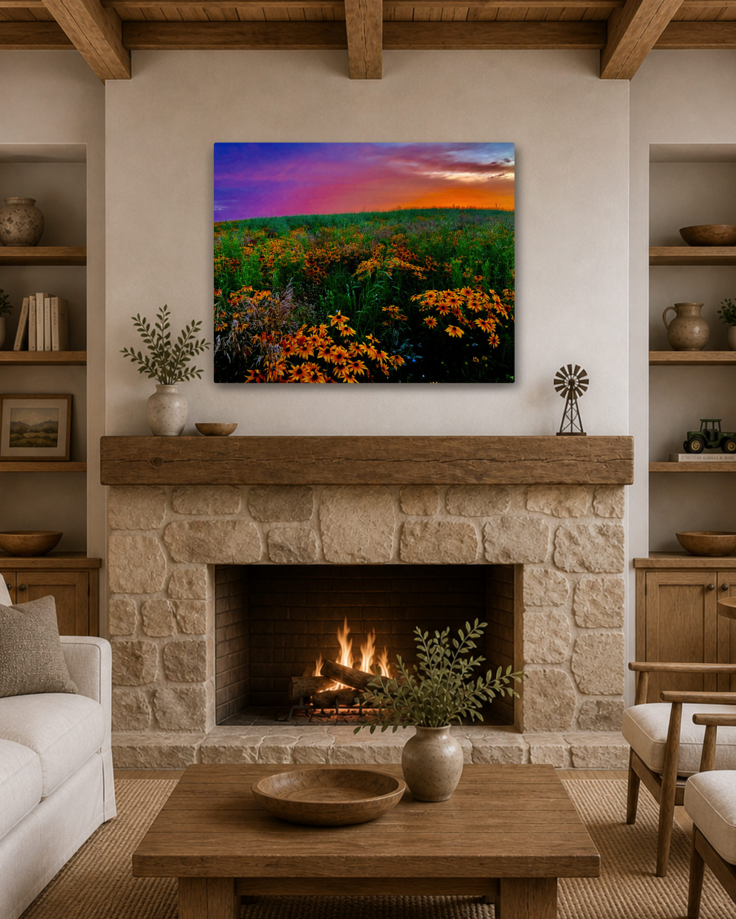 Wildflowers Under a Painted Sky – Rural Sunset Canvas Wall Art