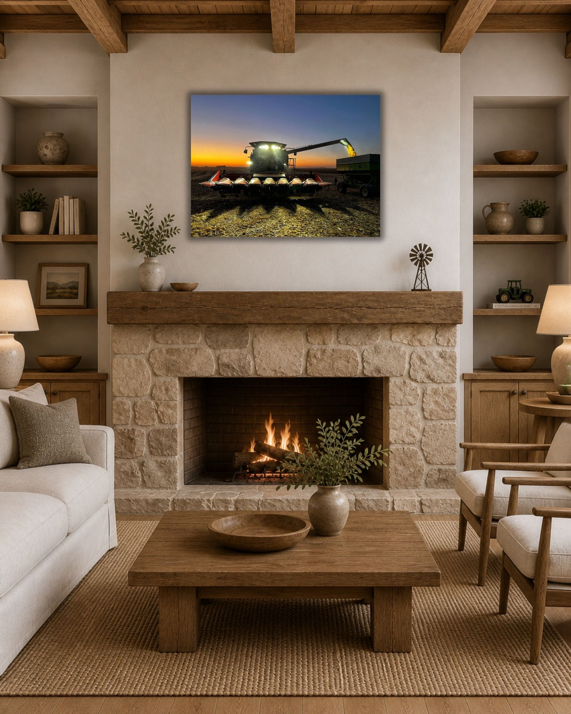 Walnut framed canvas wall art featuring a combine unloading corn into a grain cart at sunset.