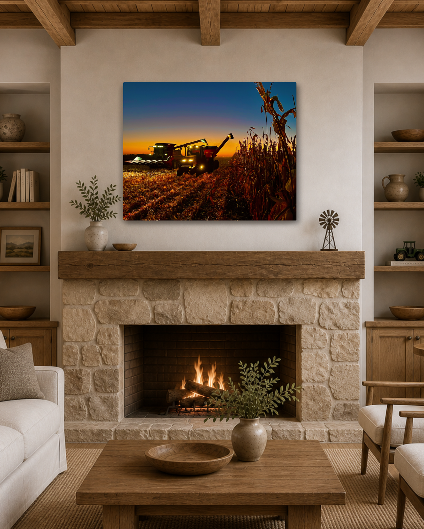 Keeping Pace with the Sunset - Corn Harvest Canvas Wall Art