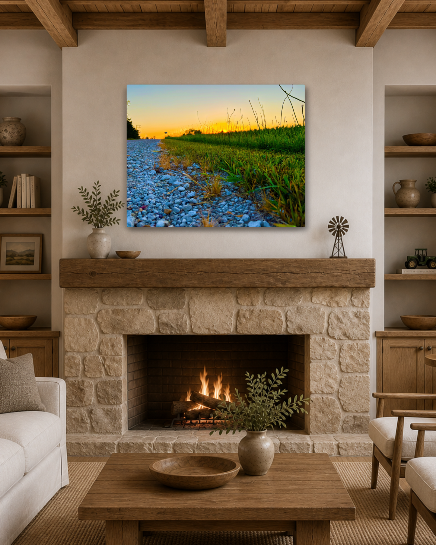 Quiet Evening on the Gravel Road – Rural Sunset Canvas Wall Art