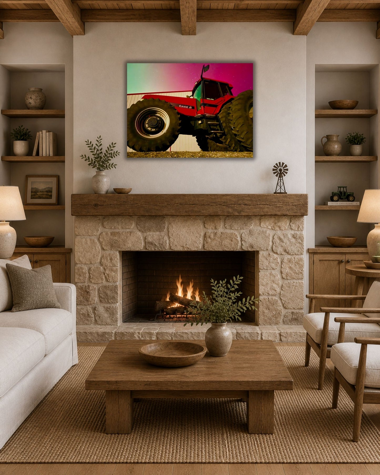 Red Iron Beneath the Northern Lights – Tractor Aurora Canvas Wall Art