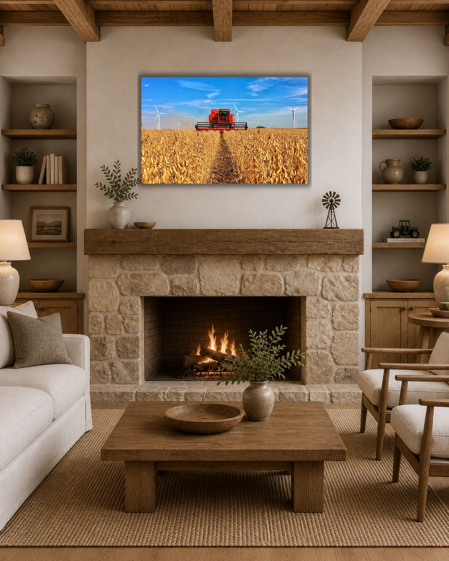 Vintage International combine soybean harvest canvas wall art styled above a stone fireplace in a cozy modern farmhouse living room.